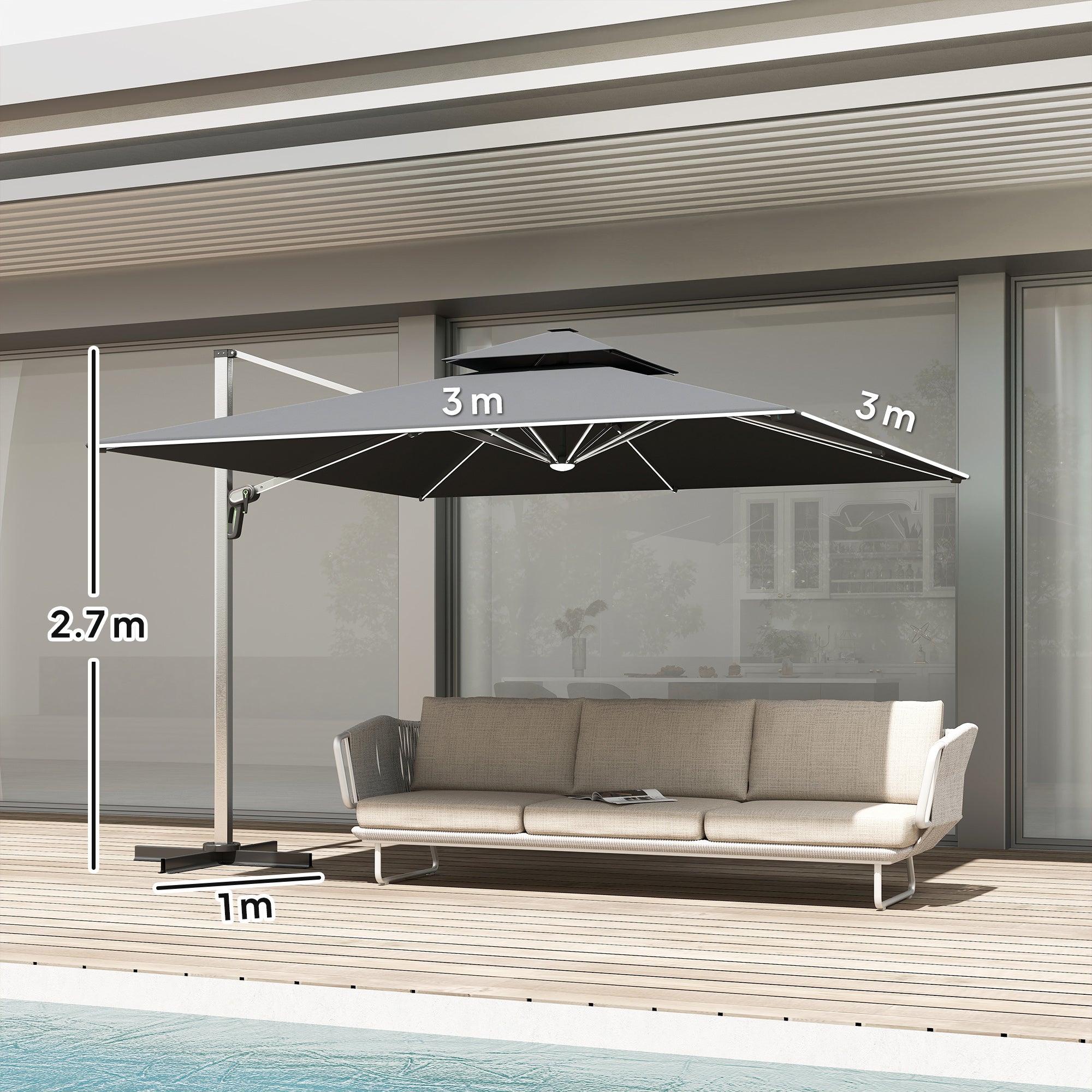 Outsunny 3(m) Garden Cantilever Parasol with Solar LED Lights, Cross Base, 360° Rotation, Crank Handle and Tilt, Grey