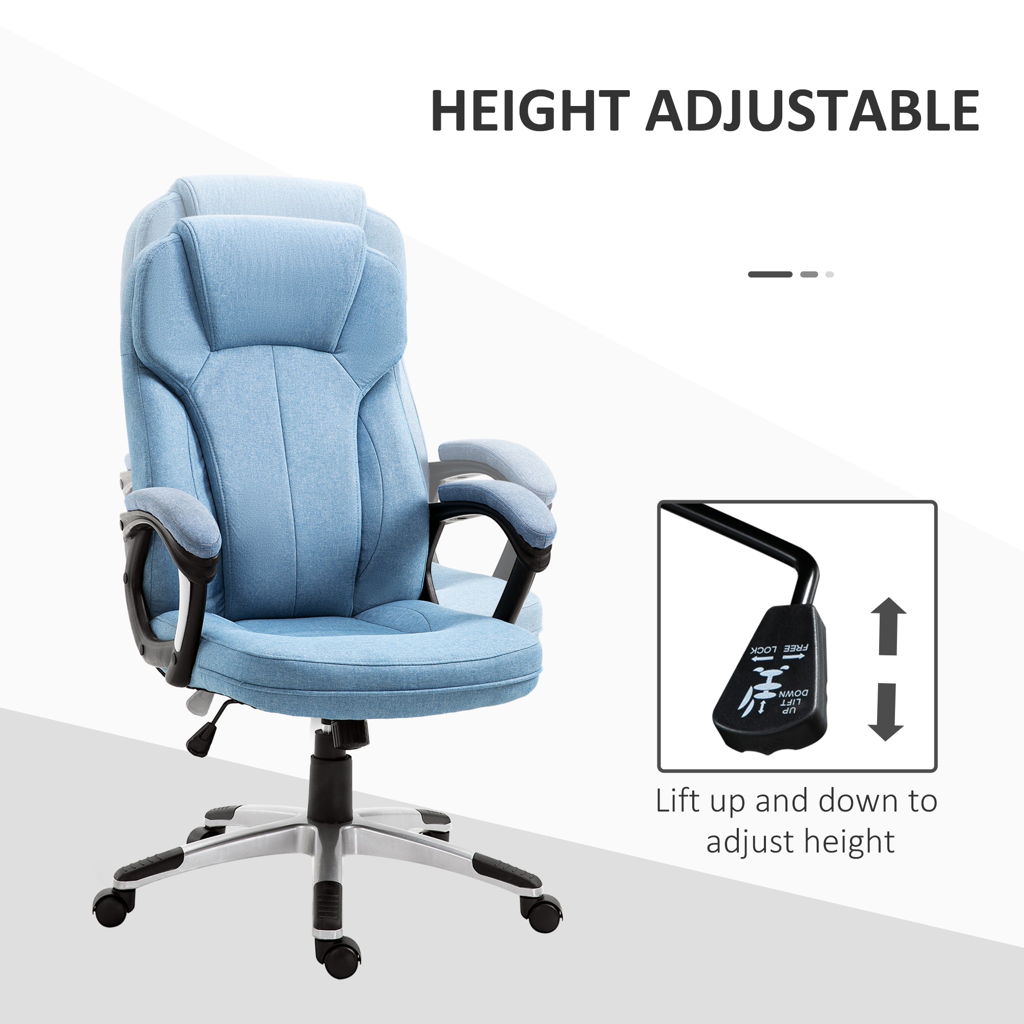 Vinsetto Office Chair, Linen Fabric Desk Chair, Height Adjustable Computer Chair with Padded Armrests, Swivel Wheels and Tilt Function, Blue - North Peak Garden Furniture