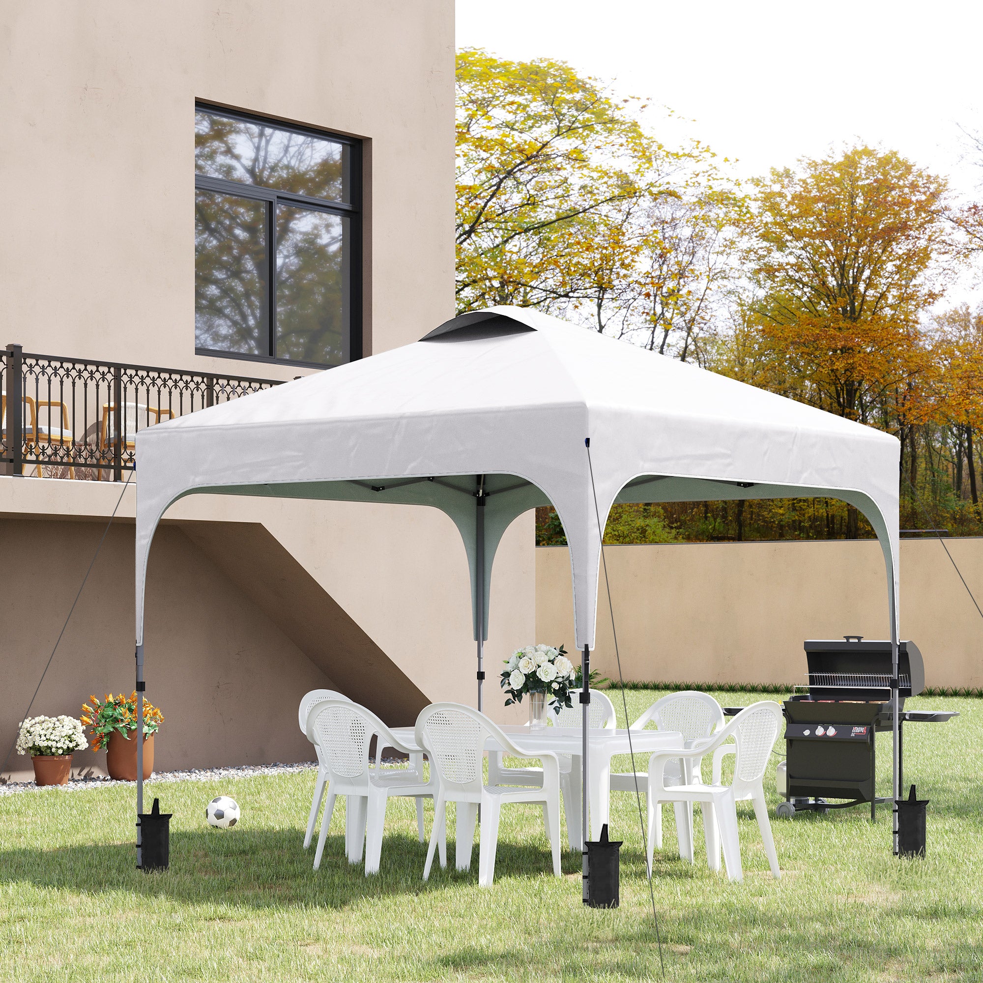 Outsunny 3 x 3 (M) Pop Up Gazebo, UPF 50+ Foldable Canopy Tent with Carry Bag with Wheels and 4 Leg Weight Bags, Height Adjustable, for Outdoor Garden Patio Party, White