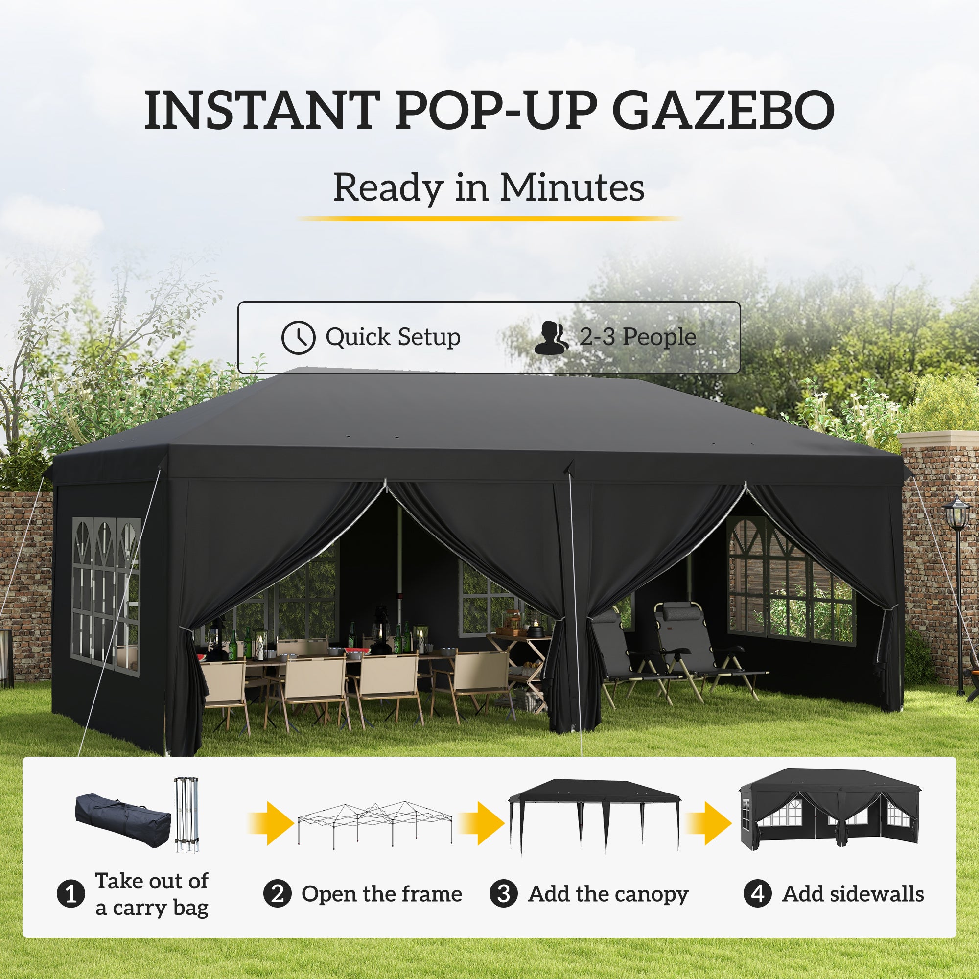 Outsunny 3 x 6 m Pop Up Gazebo with Sides and Windows, Height Adjustable Party Tent with Storage Bag for Garden, Camping, Event, Black