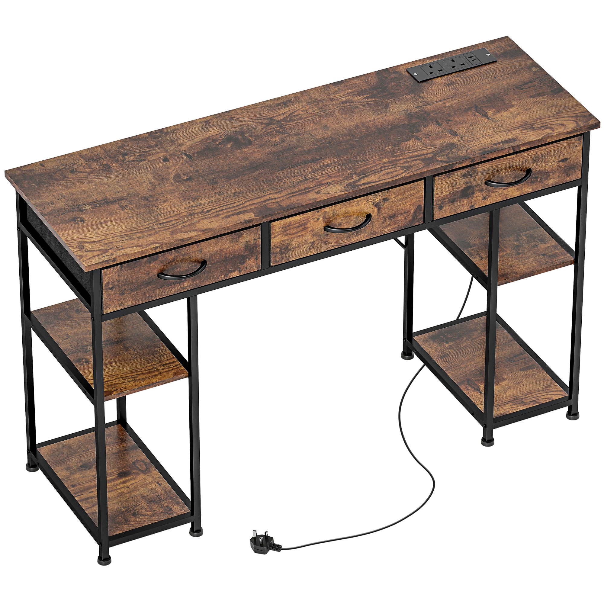 HOMCOM 120cm Computer Desk with Power Outlets, Office Desk Study Table with Fabric Drawers and Storage Shelves, Rustic Brown - North Peak Garden Furniture