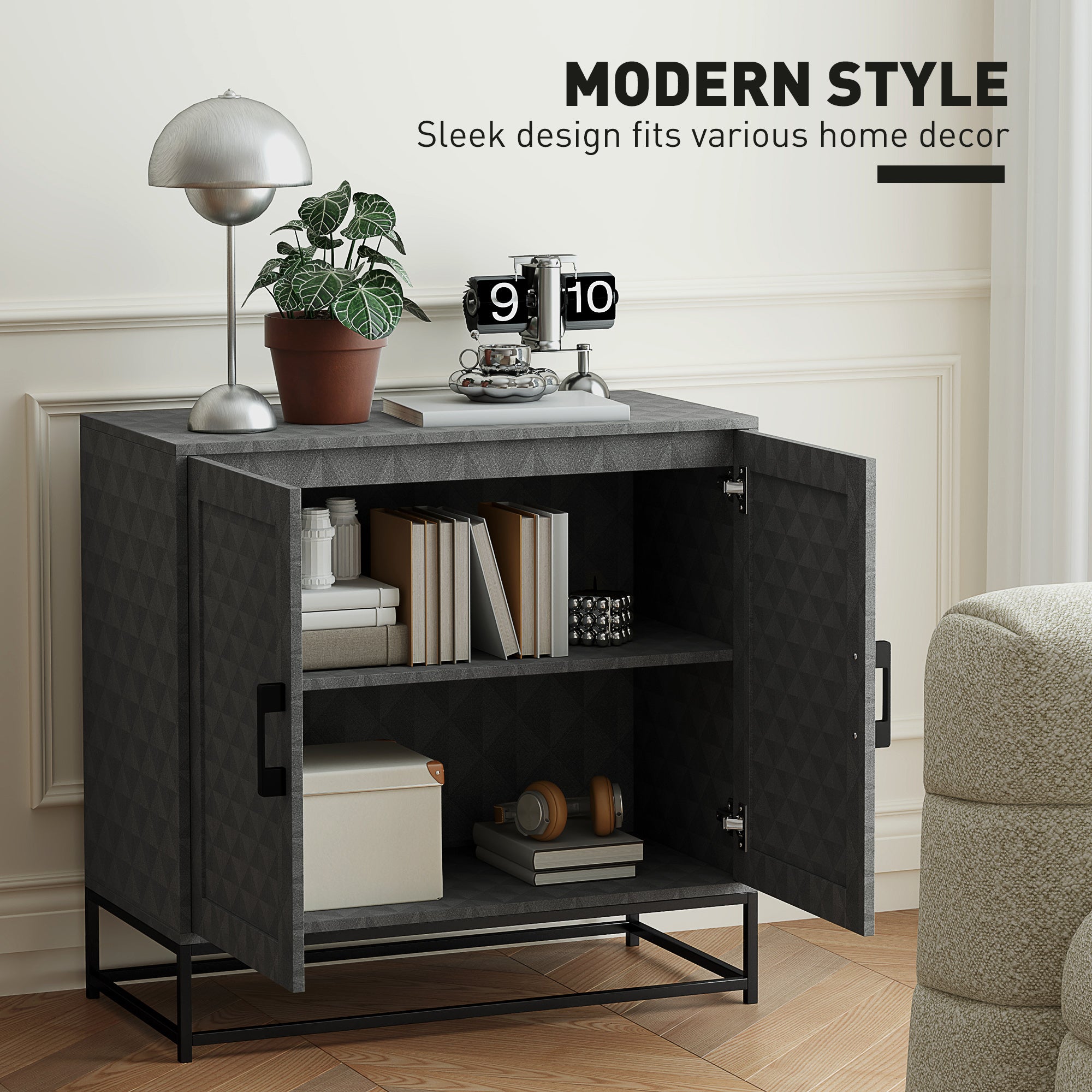 HOMCOM Modern Sideboard, Freestanding Sideboard Storage Cabinet with Adjustable Shelf and 2 Doors for Living Room, Grey - North Peak Garden Furniture