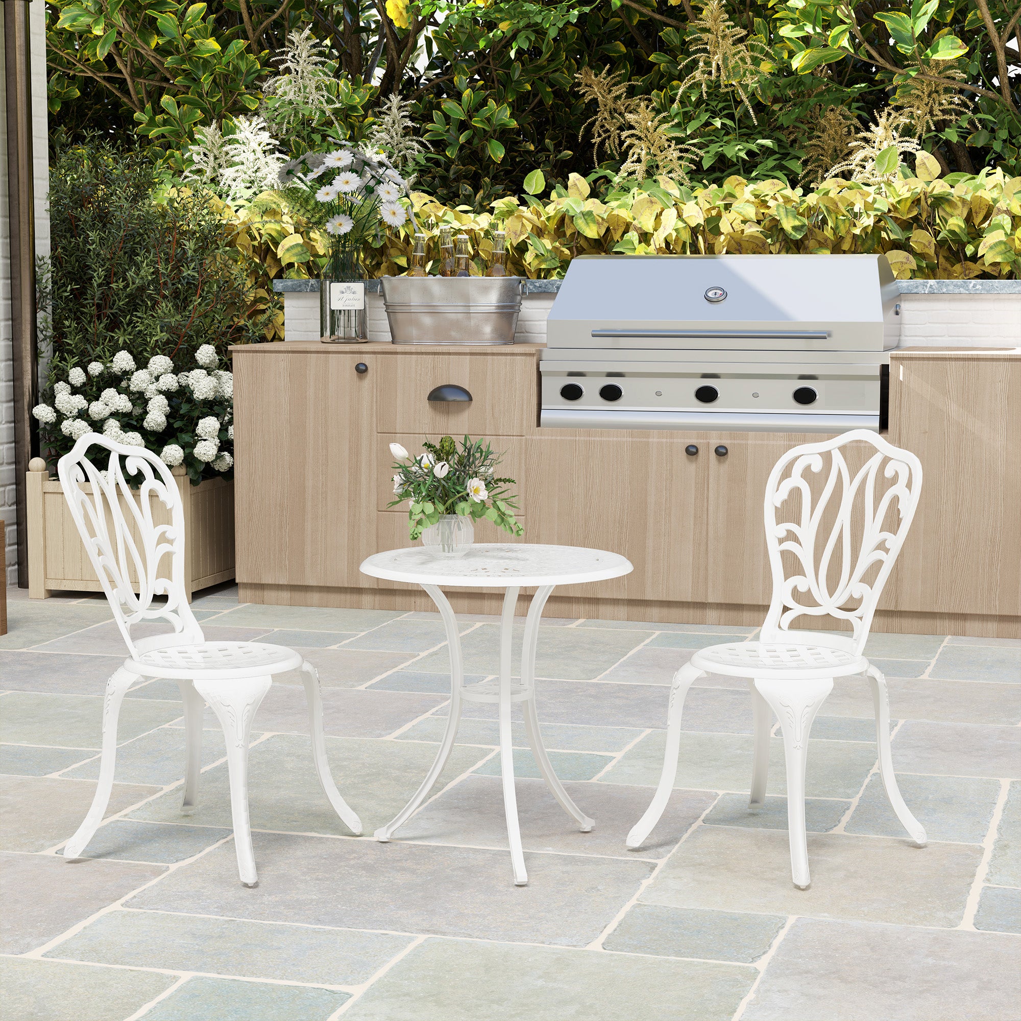 Outsunny 3 Piece Garden Bistro Set, Cast Aluminium Outdoor Furniture Set with Umbrella Hole for Balcony, Porch, Patio, White - North Peak Garden Furniture