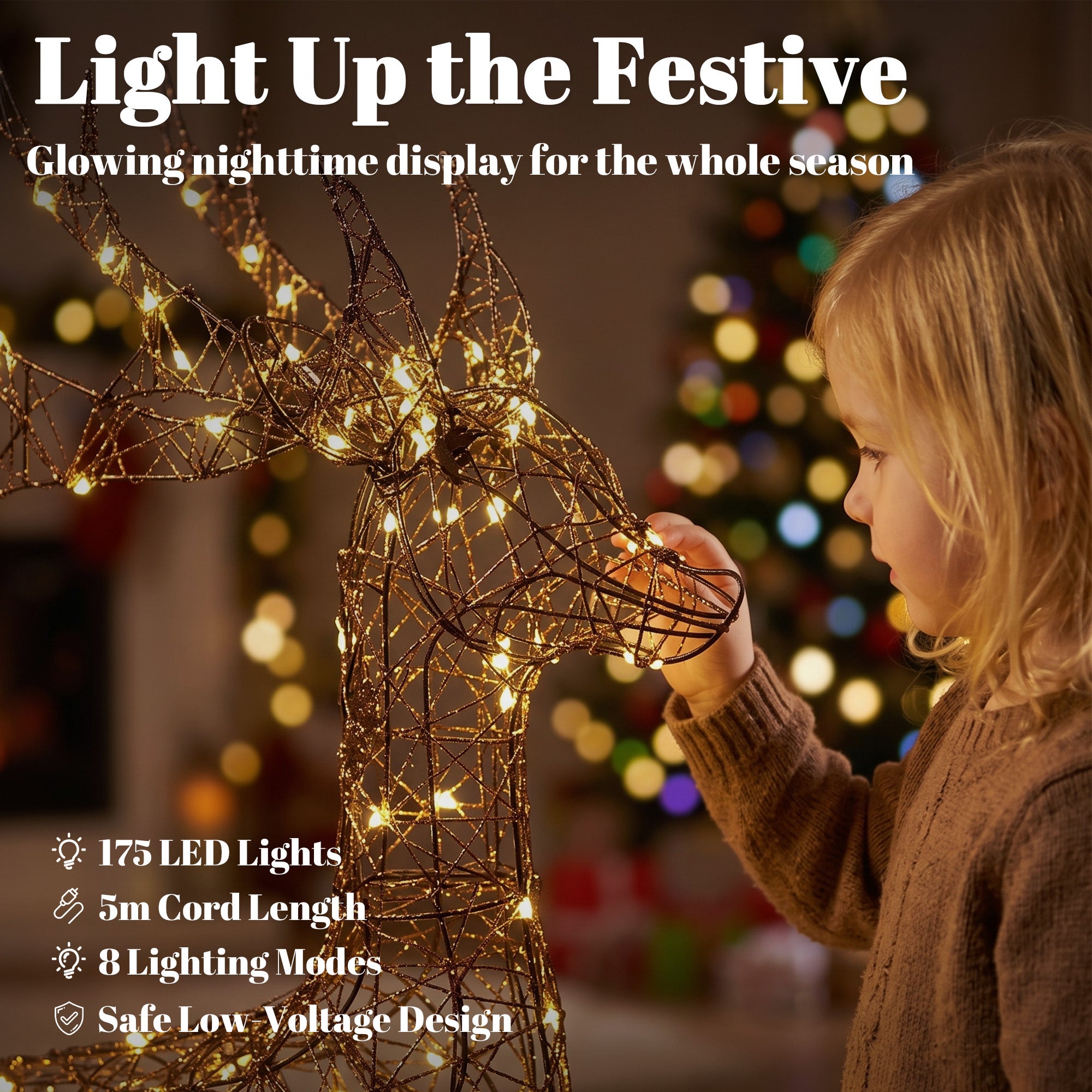 Outsunny Lighted Reindeer and Sleigh Set, 2-Piece PP Rattan Outdoor Christmas Decoration with LEDs, 8 Modes, Daily Timer