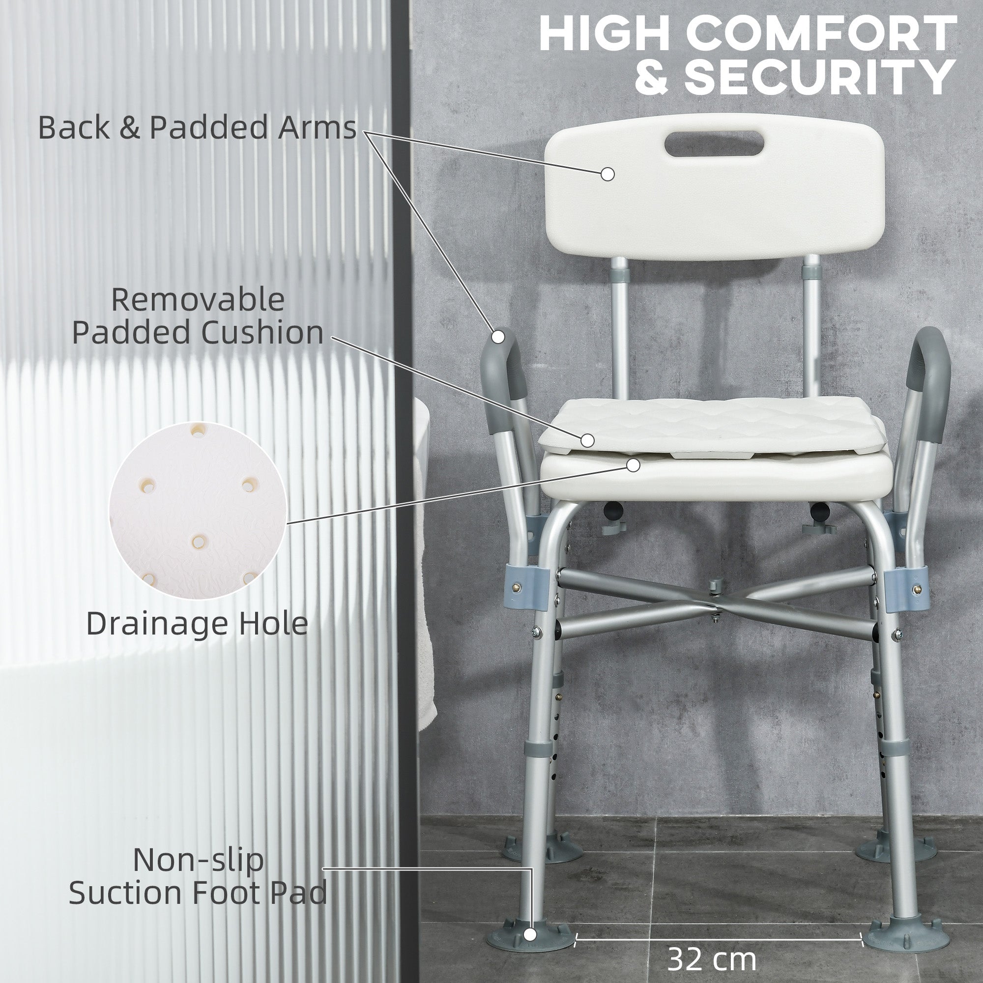 HOMCOM Aluminium Shower Chair with Backs and Arms, Height Adjustable Shower Seat with Removable Padded Cushion, Bath Stool for Seniors, Disabled, Pregnant, White