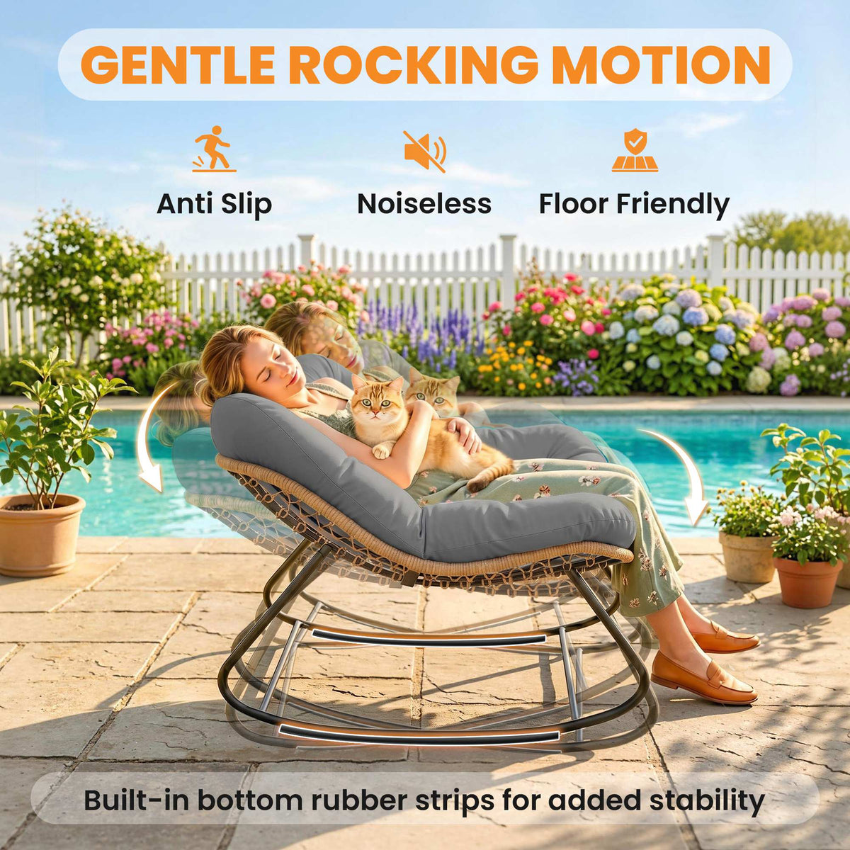 Outsunny Indoor Outdoor Rocking Chair, Oversized Rocking Egg Chair with Cushion for Living Room, Garden, Patio, Grey