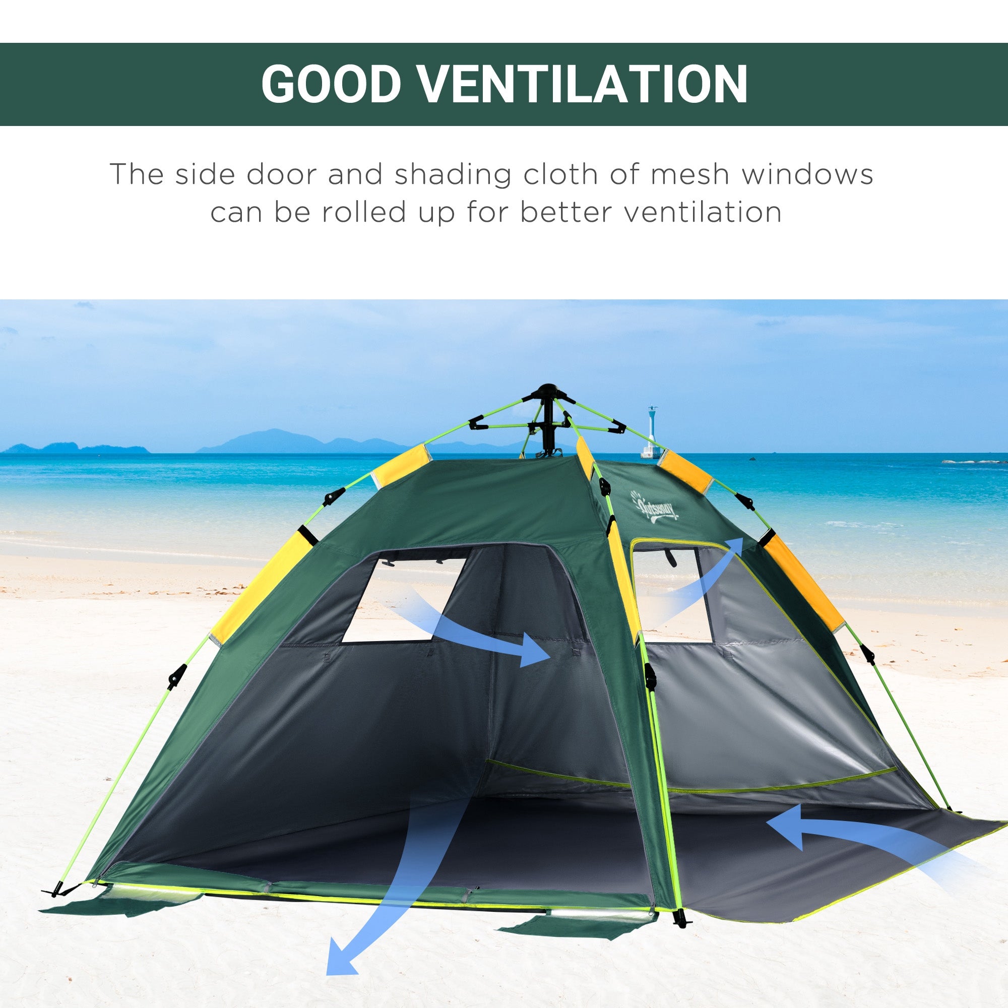 Outsunny Beach Tent for 1-2 Person Pop-up Design with 2 Mesh Windows & 2 Doors Dark Green - North Peak Garden Furniture
