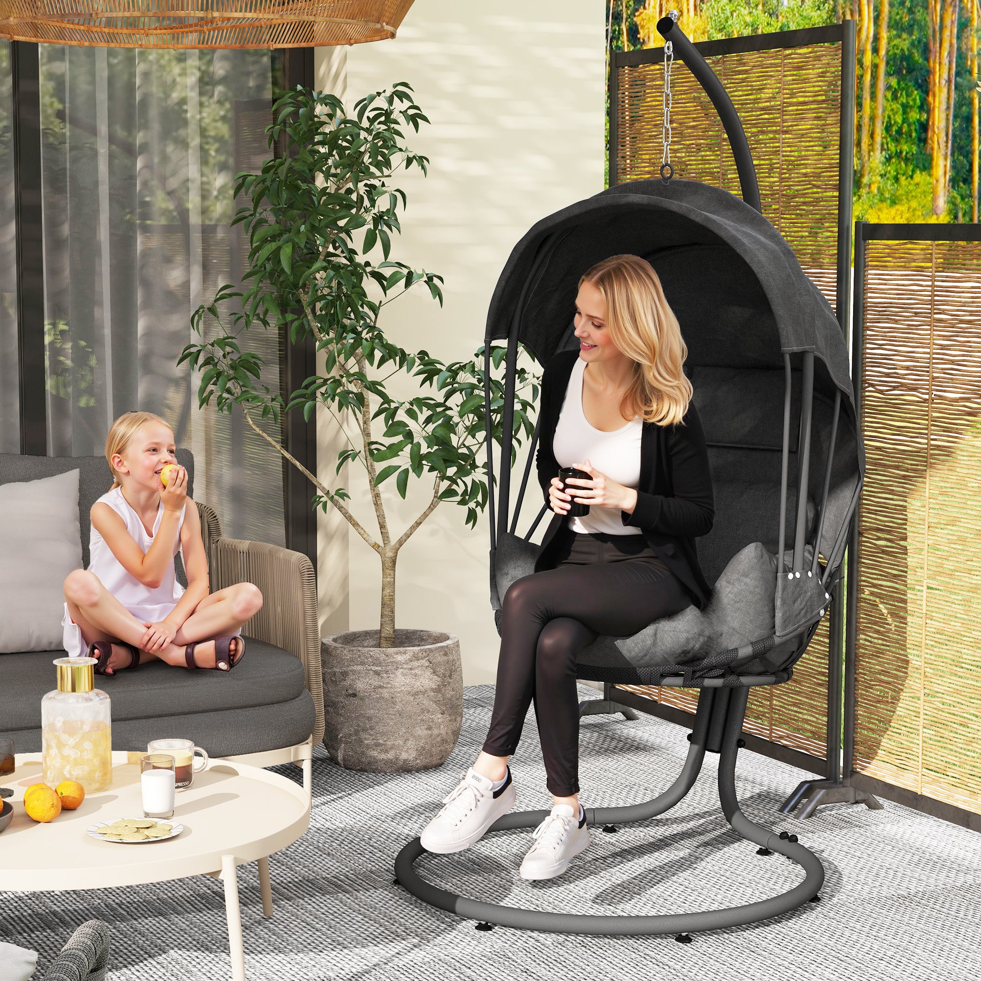 Outsunny Hanging Egg Chair Swing Hammock Chair with Stand, Cushion and Retractable Canopy, for Indoor and Outdoor, Grey - North Peak Garden Furniture