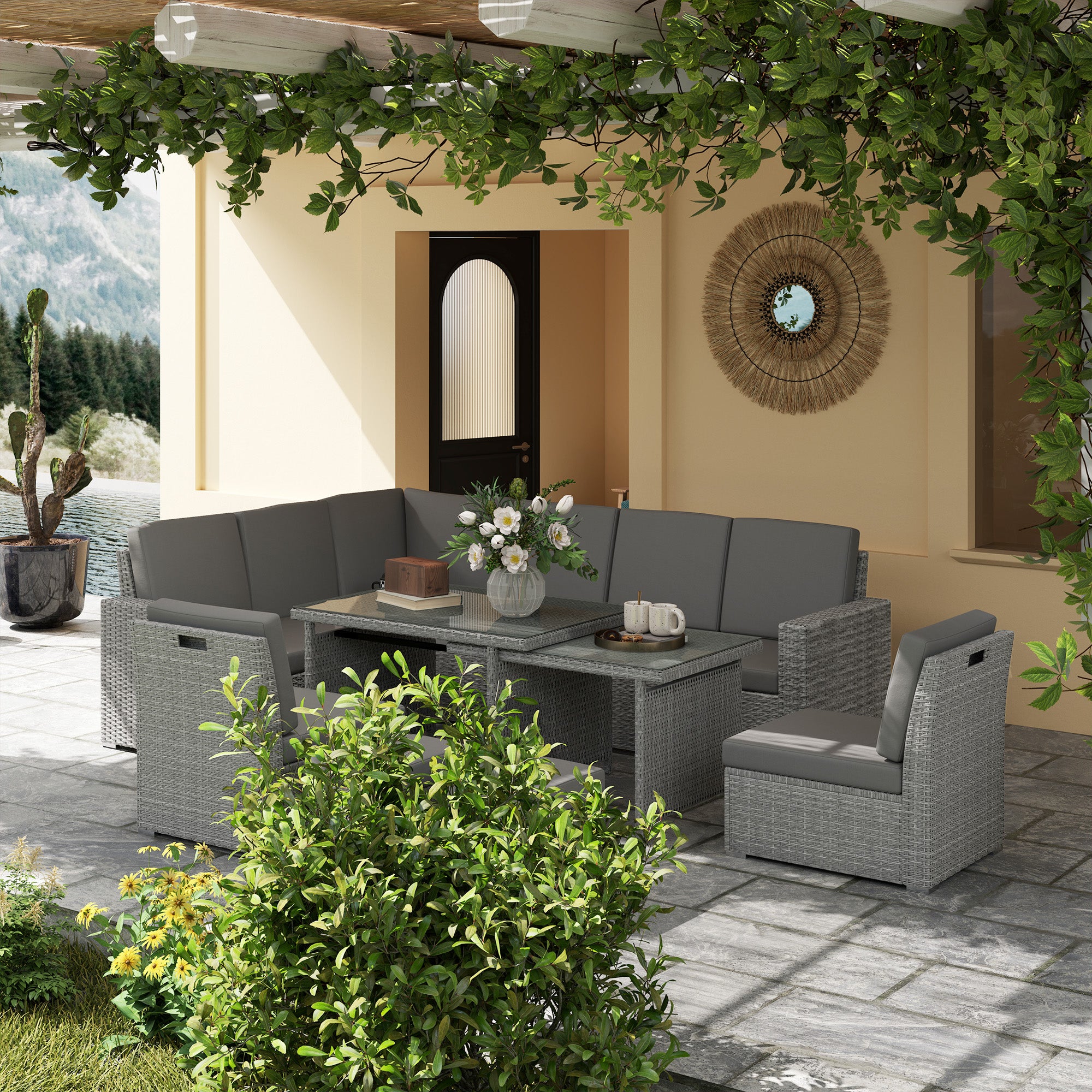 Outsunny Seven-Piece Rattan Garden Sofa Set, with Expanding Table - Light Grey - North Peak Garden Furniture