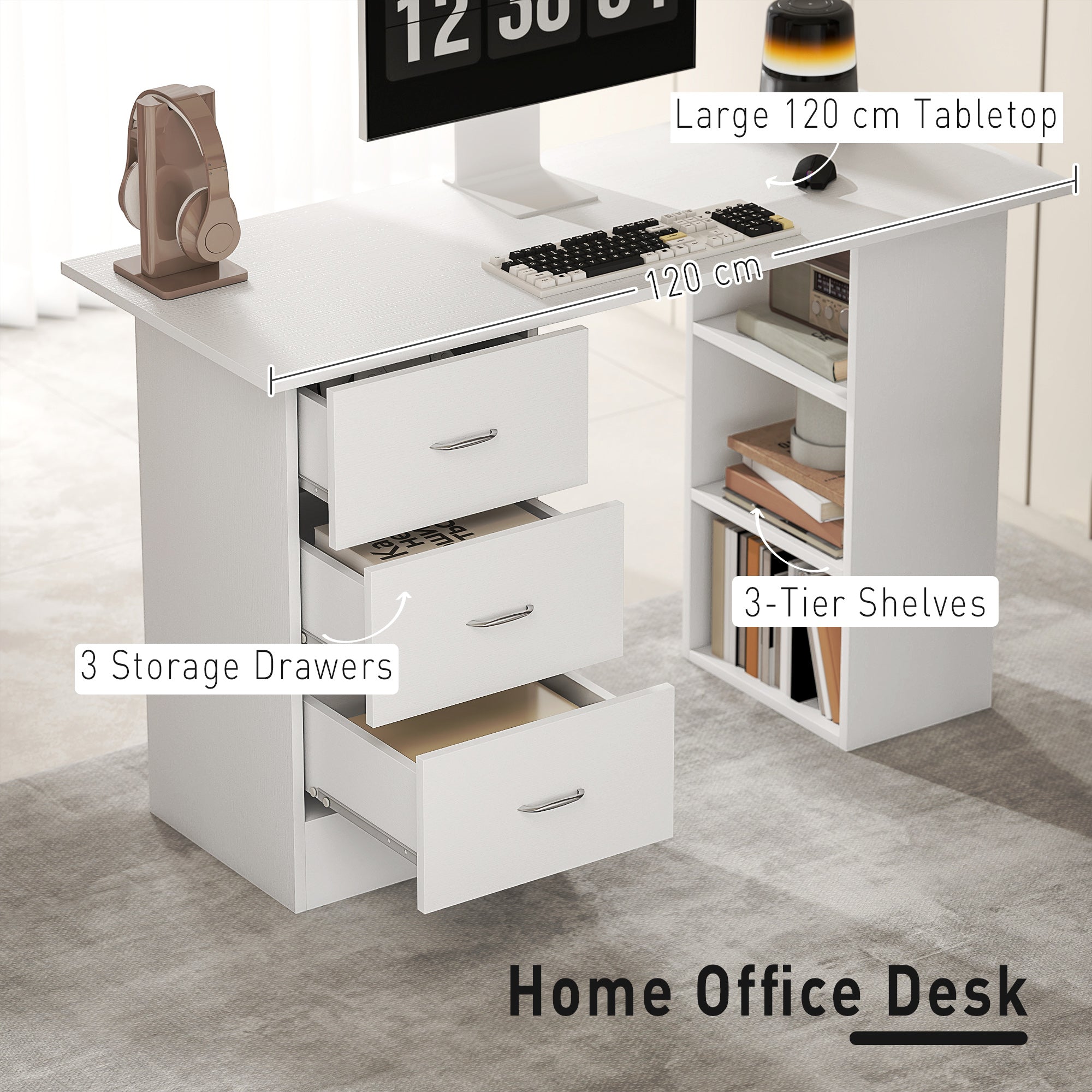 HOMCOM Computer Desk, Home Office Desk, Writing Table, PC Workstation with 3 Storage Shelves and 3 Drawers for Working, Study, 120 x 49 x 72 cm, White