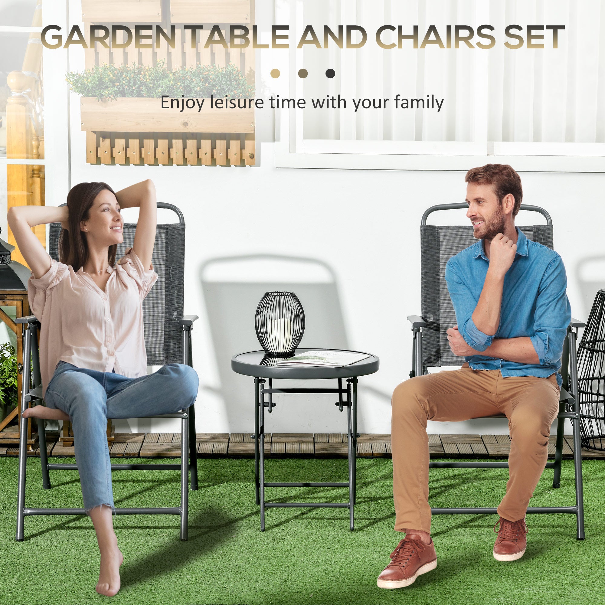Outsunny Three-Piece Garden Seat Set, with Glass-Top Table - Dark Grey - North Peak Garden Furniture