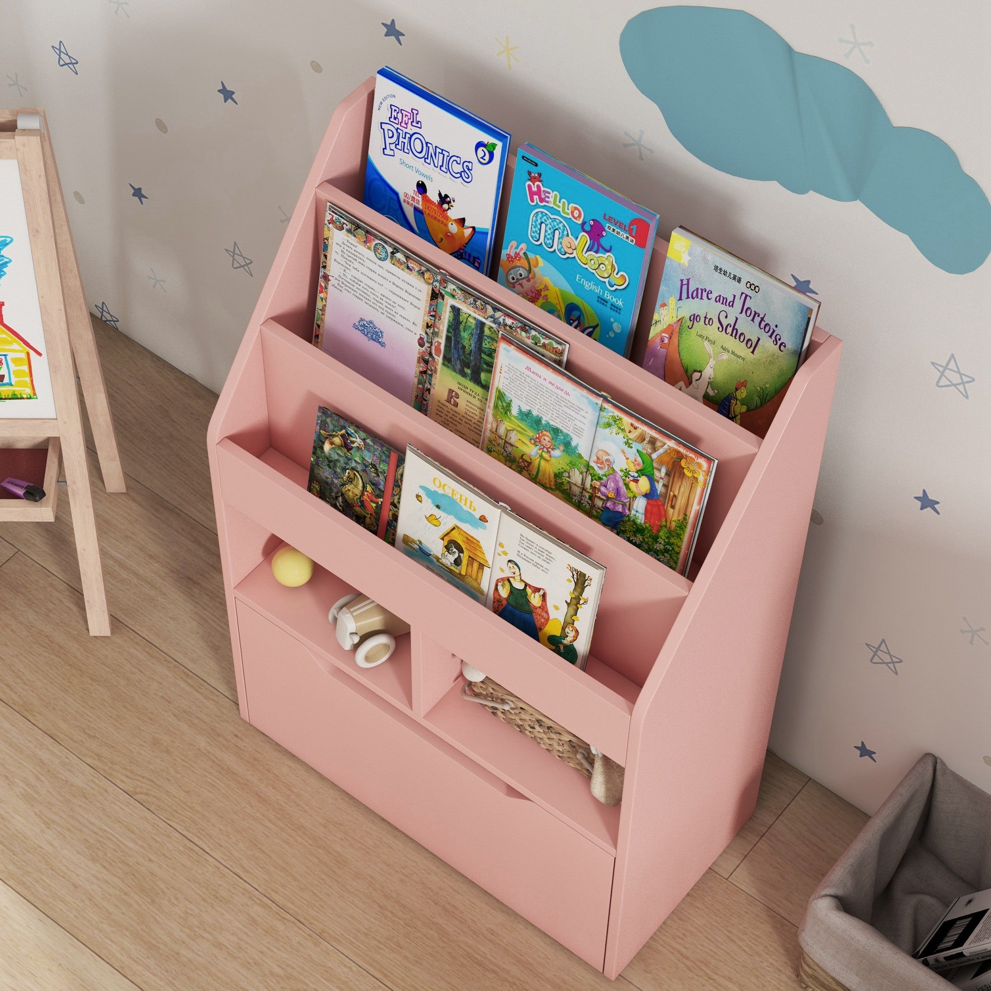 HOMCOM Kids Bookshelf, Toy Organiser, with Storage Drawer, Wheels - Pink - North Peak Garden Furniture