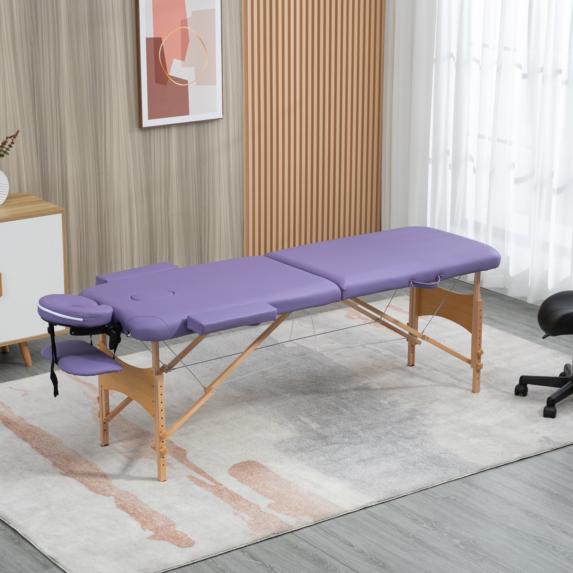 HOMCOM Portable Massage Bed, Folding Spa Beauty Massage Table with 2 Sections, Carry Bag and Wooden Frame, Purple