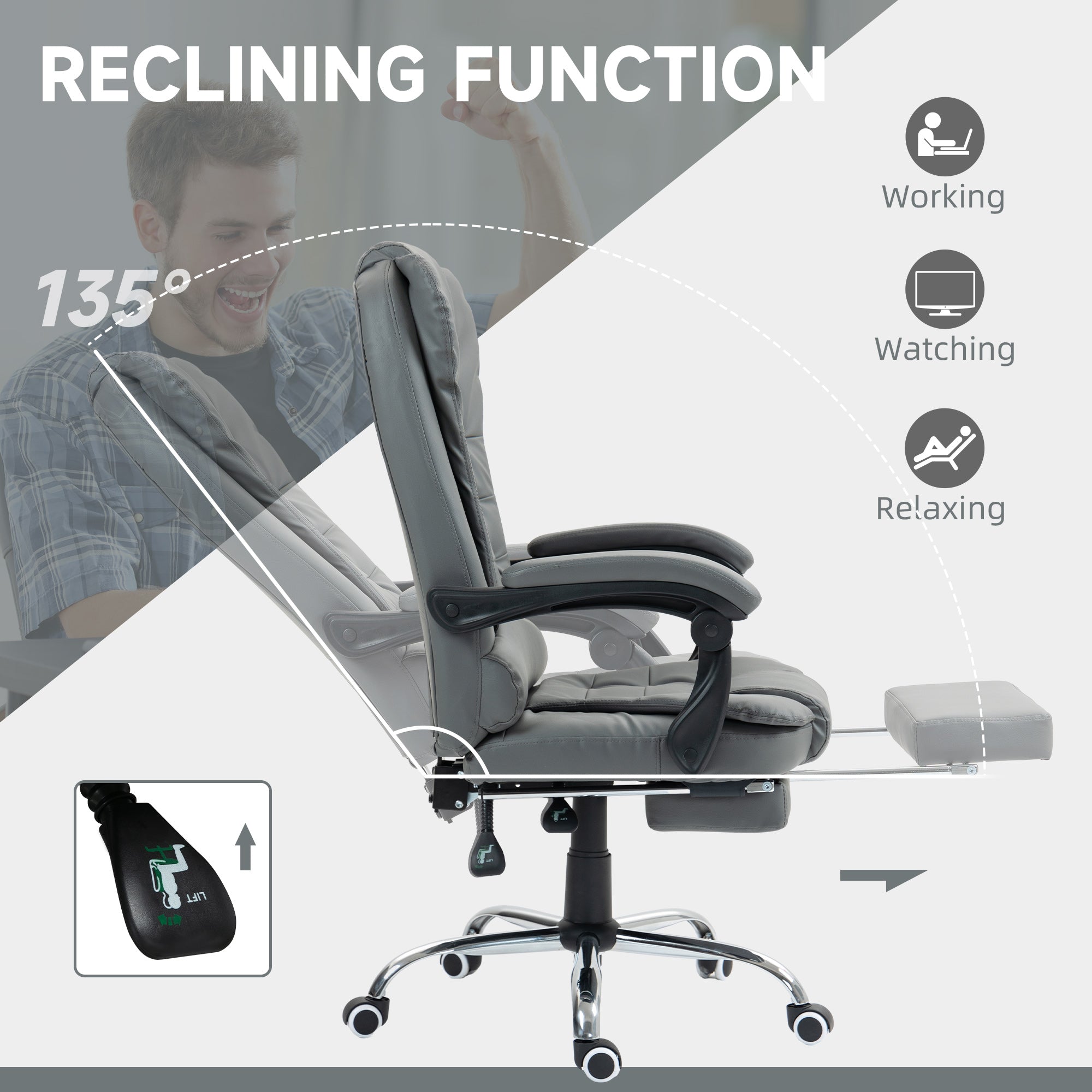 HOMCOM Executive Office Chair, PU Leather Home Office Chair with Swivel Wheels, Reclining Backrest, Retractable Footrest, Grey - North Peak Garden Furniture