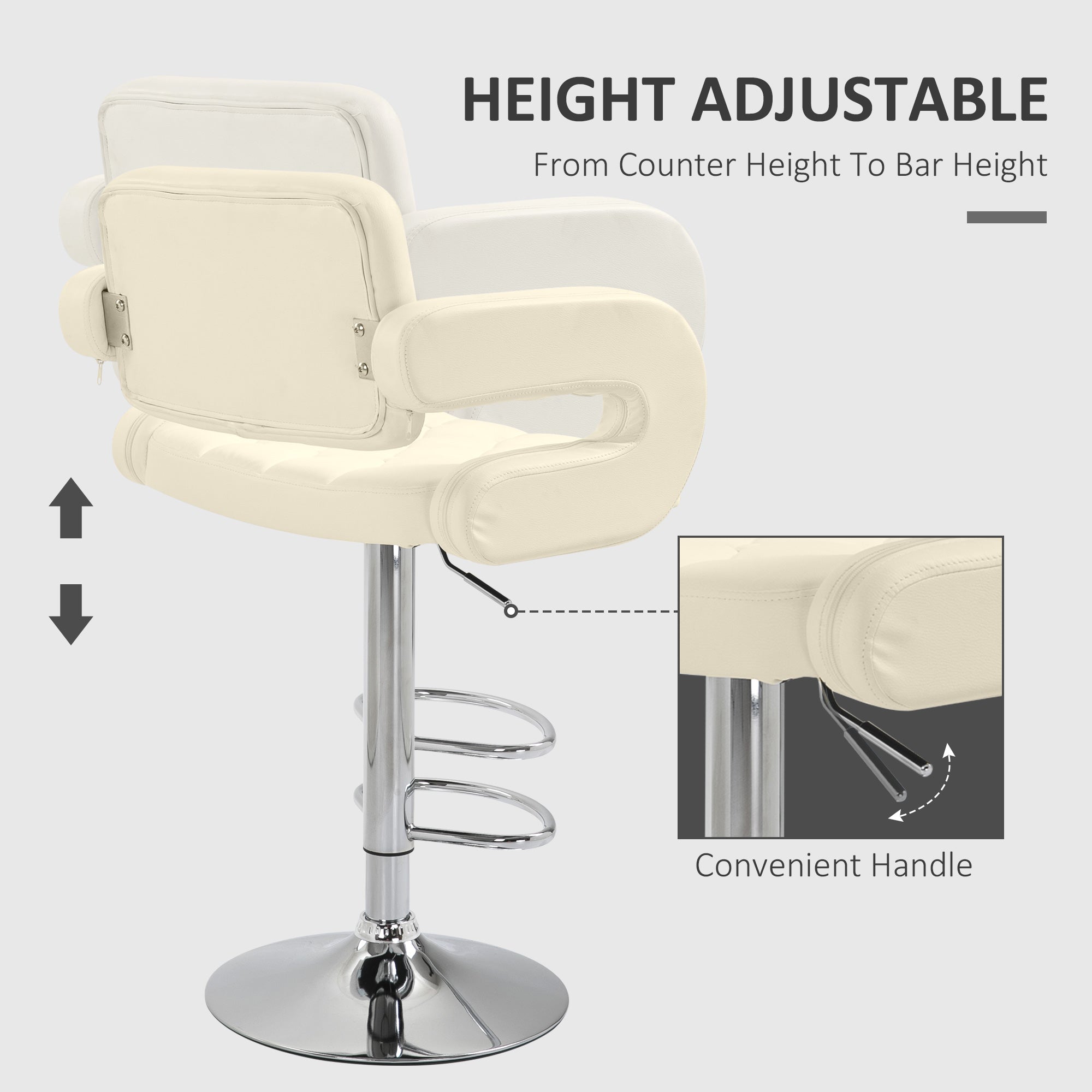HOMCOM PU Leather Upholstered Swivel Bar Stool, Height Adjustable Barstool with Back, Armrest, Footrest for Kitchen - North Peak Garden Furniture