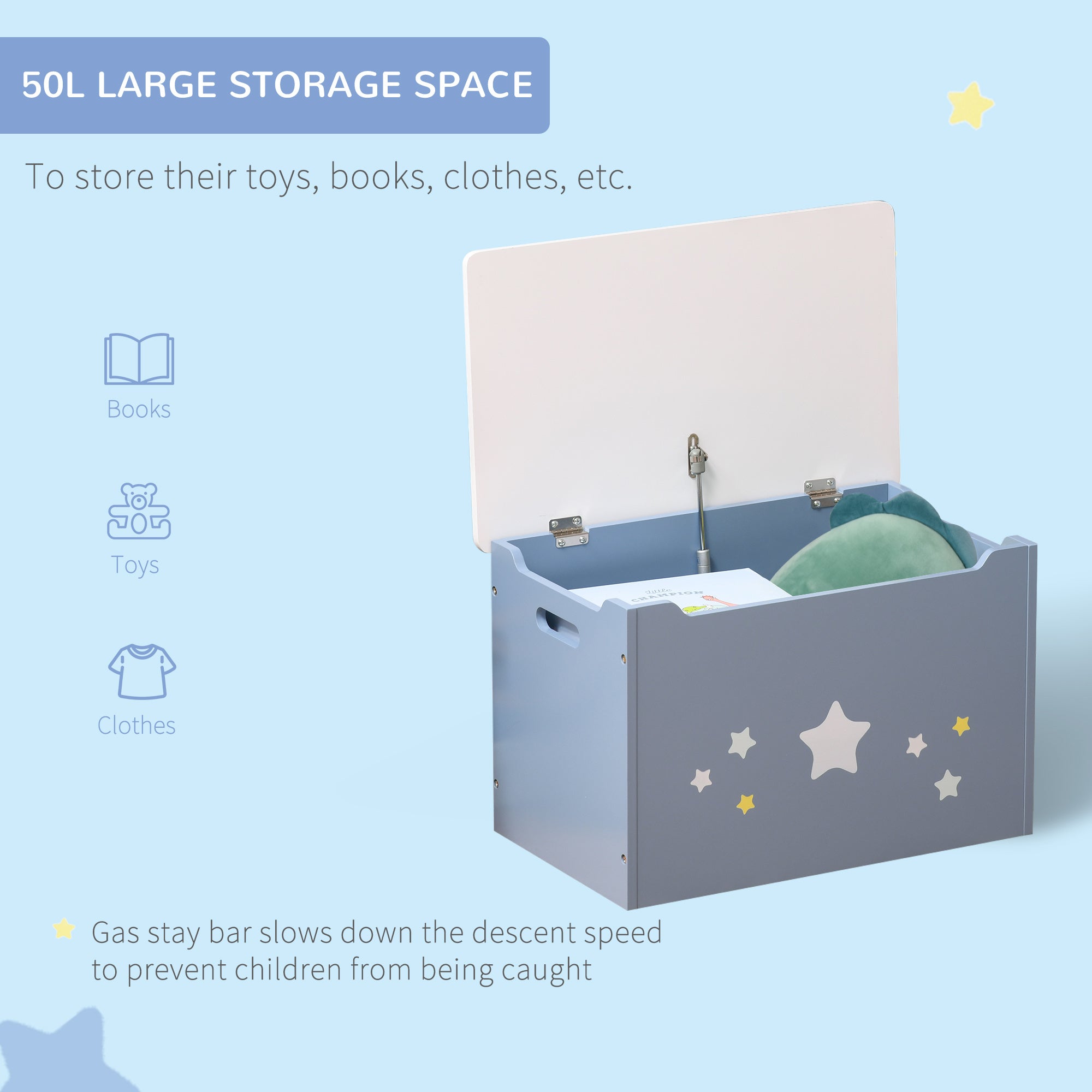 HOMCOM Kids Wooden Toy Box Children Storage Chest Organiser Side Handle Safety Hinge Play Room Furniture Blue - North Peak Garden Furniture
