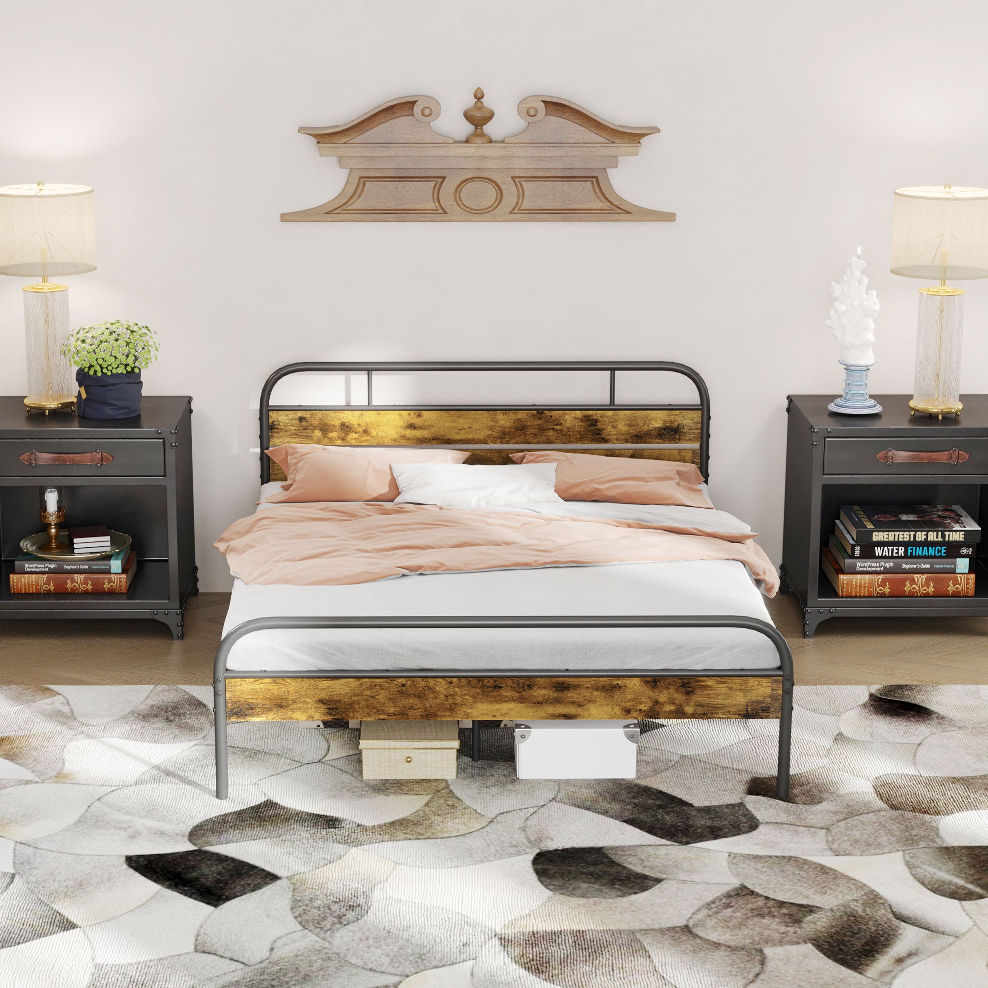 HOMCOM Industrial-Style King Bed Frame - Black/Brown - North Peak Garden Furniture