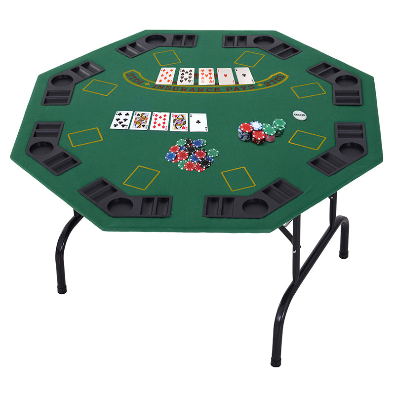 HOMCOM 8 Player Folding Games Poker Table with Chip Cup Holder Steel Base Felt Top Octagon Blackjack Green - North Peak Garden Furniture