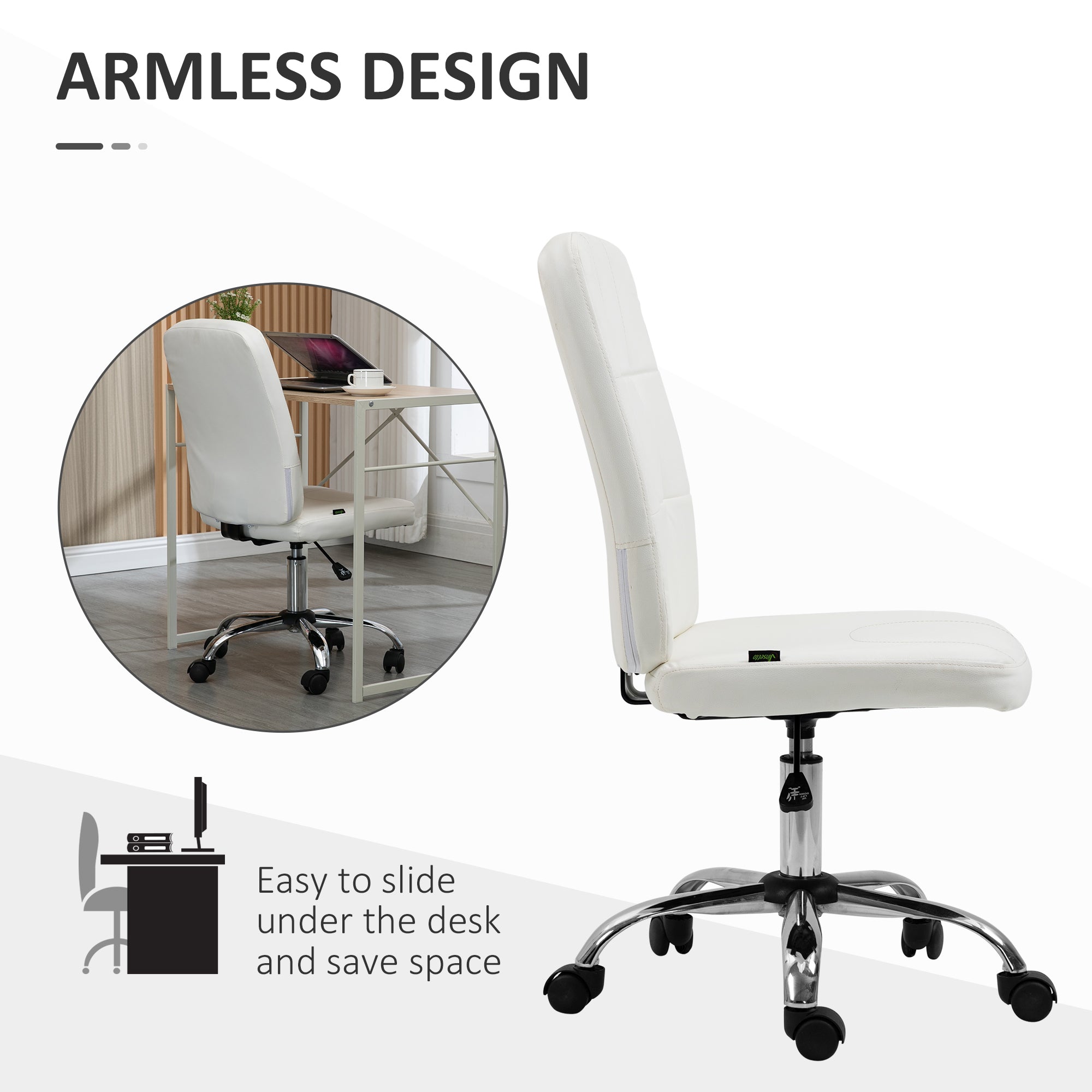 Vinsetto Armless Faux Leather Office Chair - White - North Peak Garden Furniture