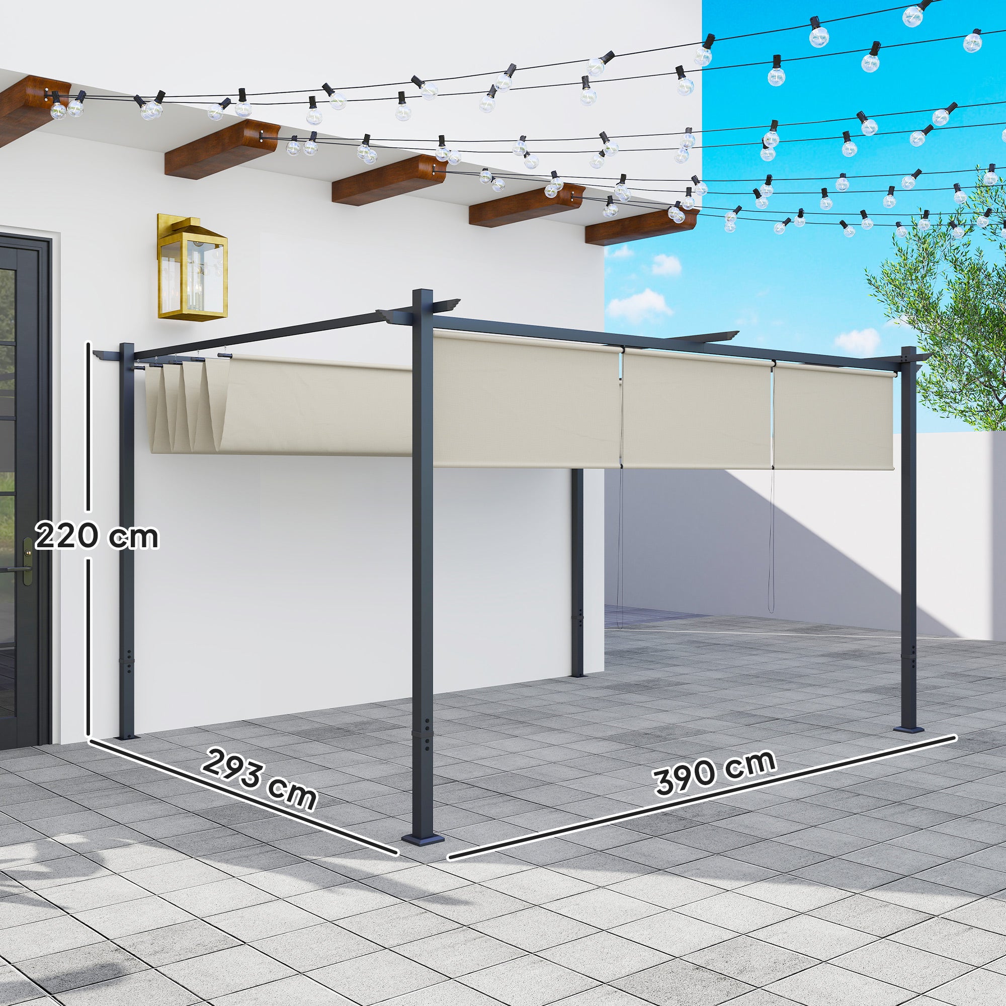 Outsunny 3 x 4m Metal Pergola with Retractable Roof and Roller Shade, Wall-Mounted or Free Standing Garden Gazebo Canopy Pergola Kit, UPF30+ Outdoor Sun Shade Shelter, Beige - North Peak Garden Furniture
