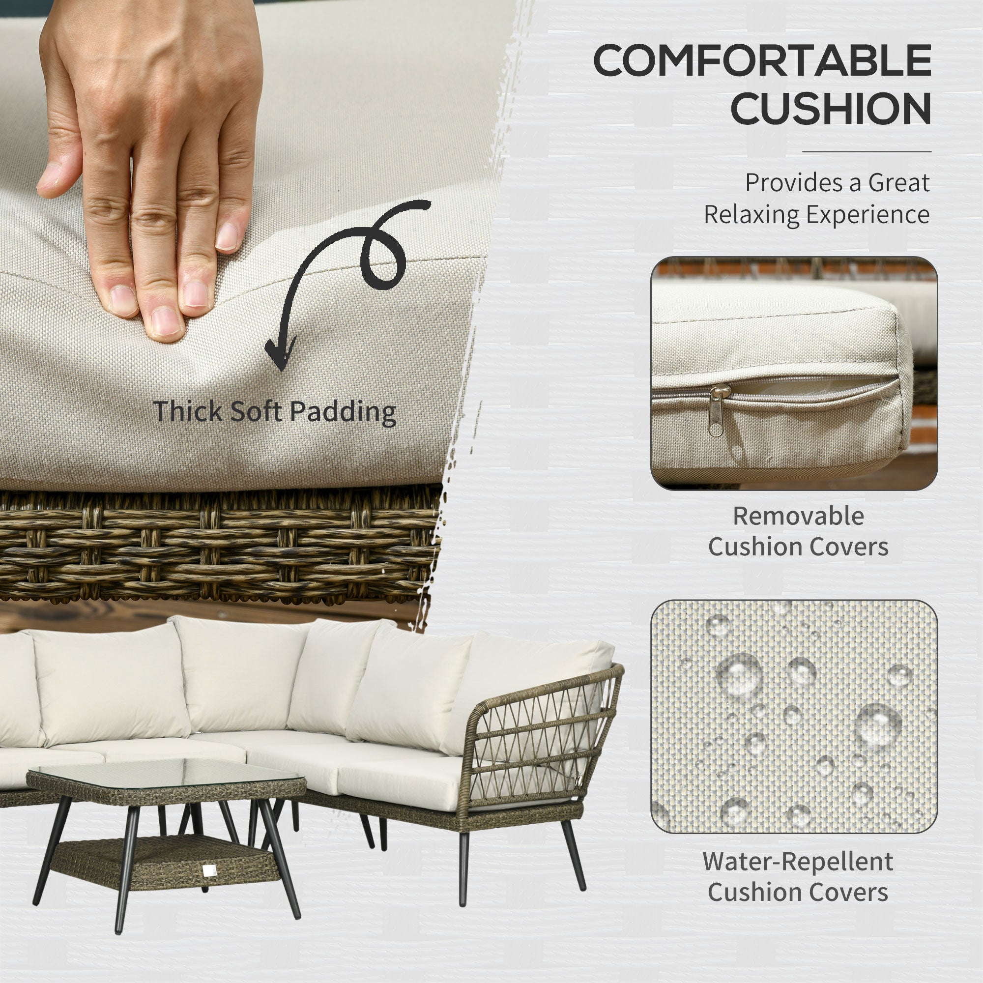 Outsunny 5 Pieces Outdoor Rattan Corner Sofa, Round and Twin Half-round Wicker Woven Rattan Garden Furniture w/ Thick Padded Cushions and Tempered Glass Top Two-tier Table, Grey - North Peak Garden Furniture