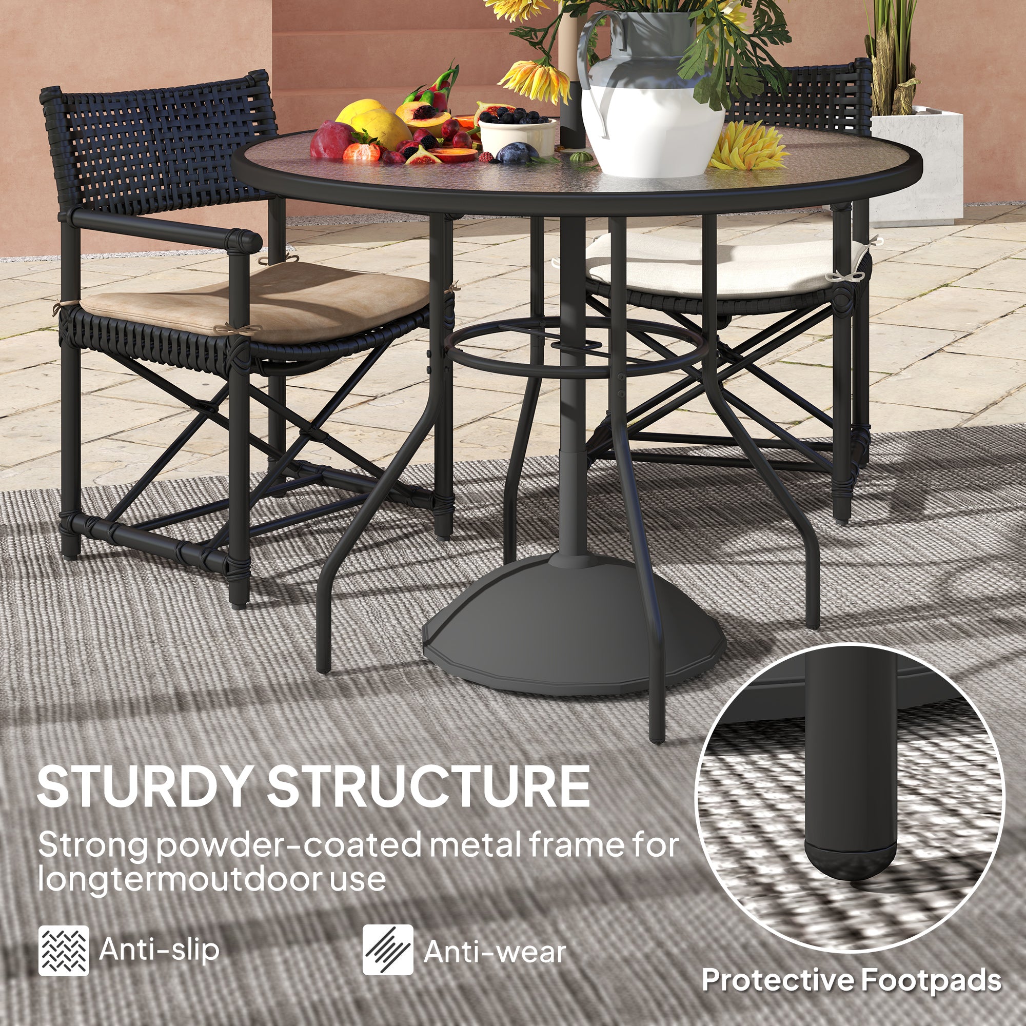 Outsunny 100 cm Round Dining Table with Parasol Hole, Outdoor Coffee End Side Table with Tempered Glass Top, Steel Frame for Garden, Black - North Peak Garden Furniture