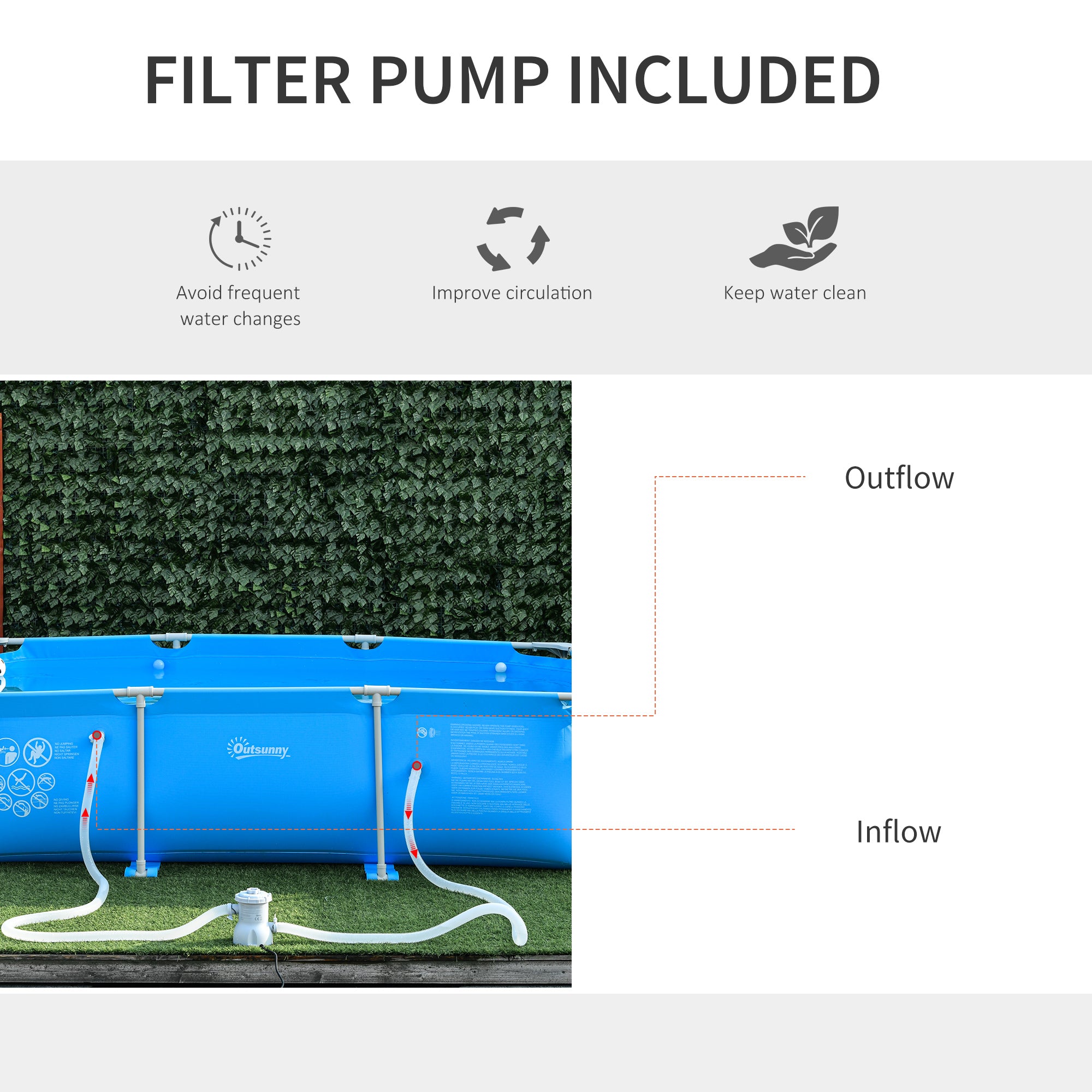 Outsunny Steel Frame Pool with Filter Pump, Filter Cartridge, Reinforced Sidewalls Rust Resistant Above Ground Swimming Pool 292 x 190 x 75cm, Blue