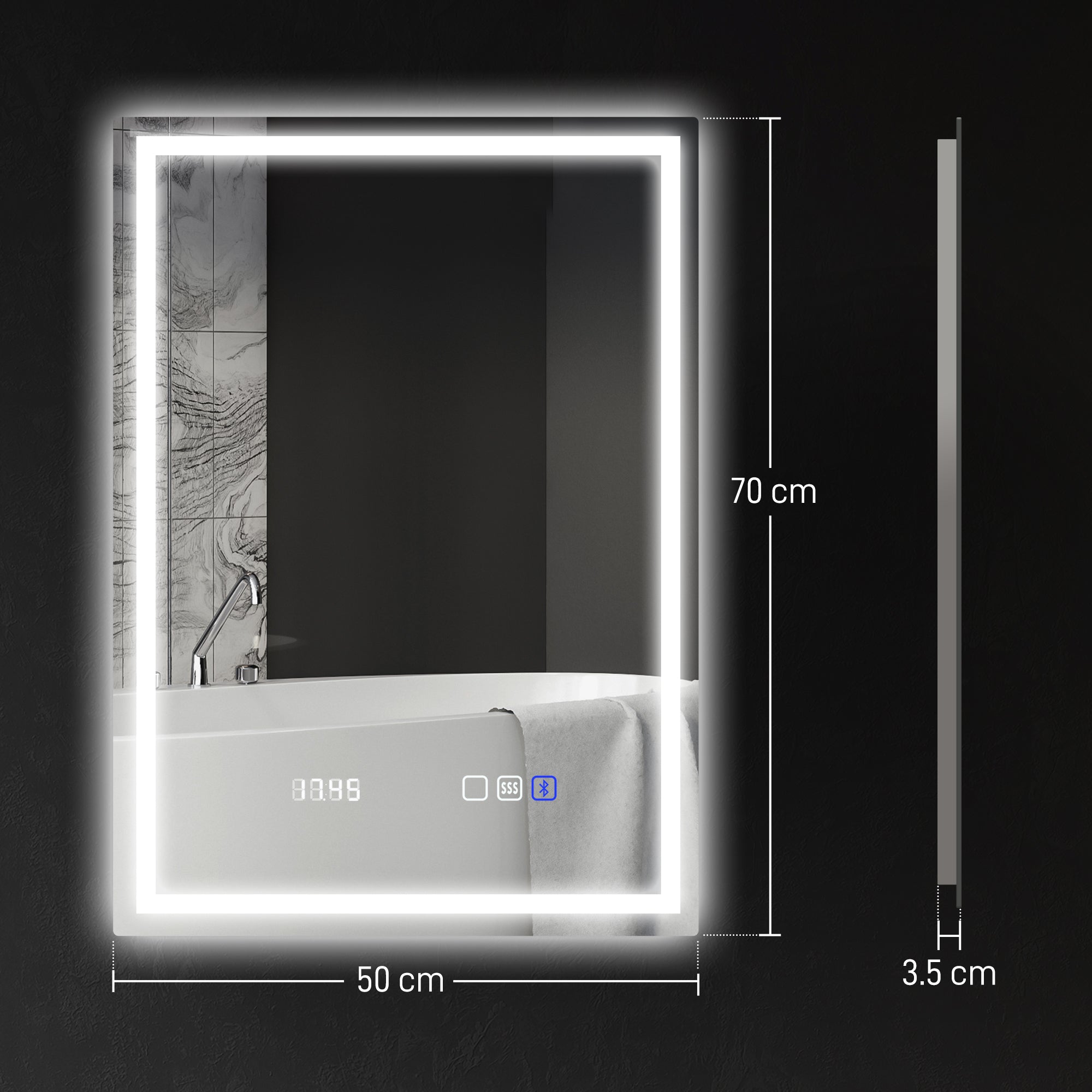 HOMCOM 50 x 70 cm Anti-Fog LED Bathroom Mirror, with Bluetooth and Clock - Silver Tone - North Peak Garden Furniture