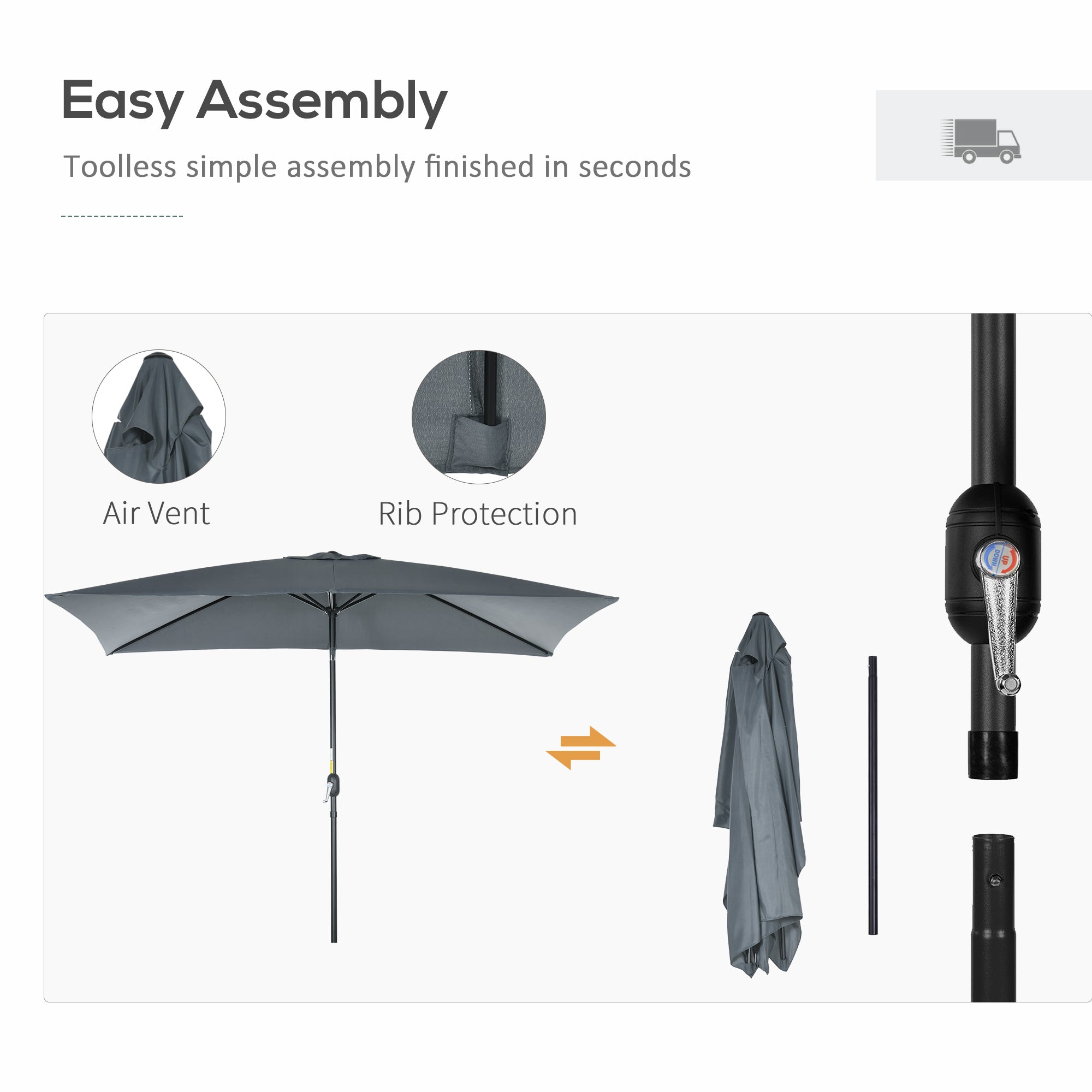 Outsunny 3x2m Patio Parasol Garden Umbrellas Canopy with Aluminum Tilt Crank Rectangular Sun Shade Steel, Dark Grey - North Peak Garden Furniture