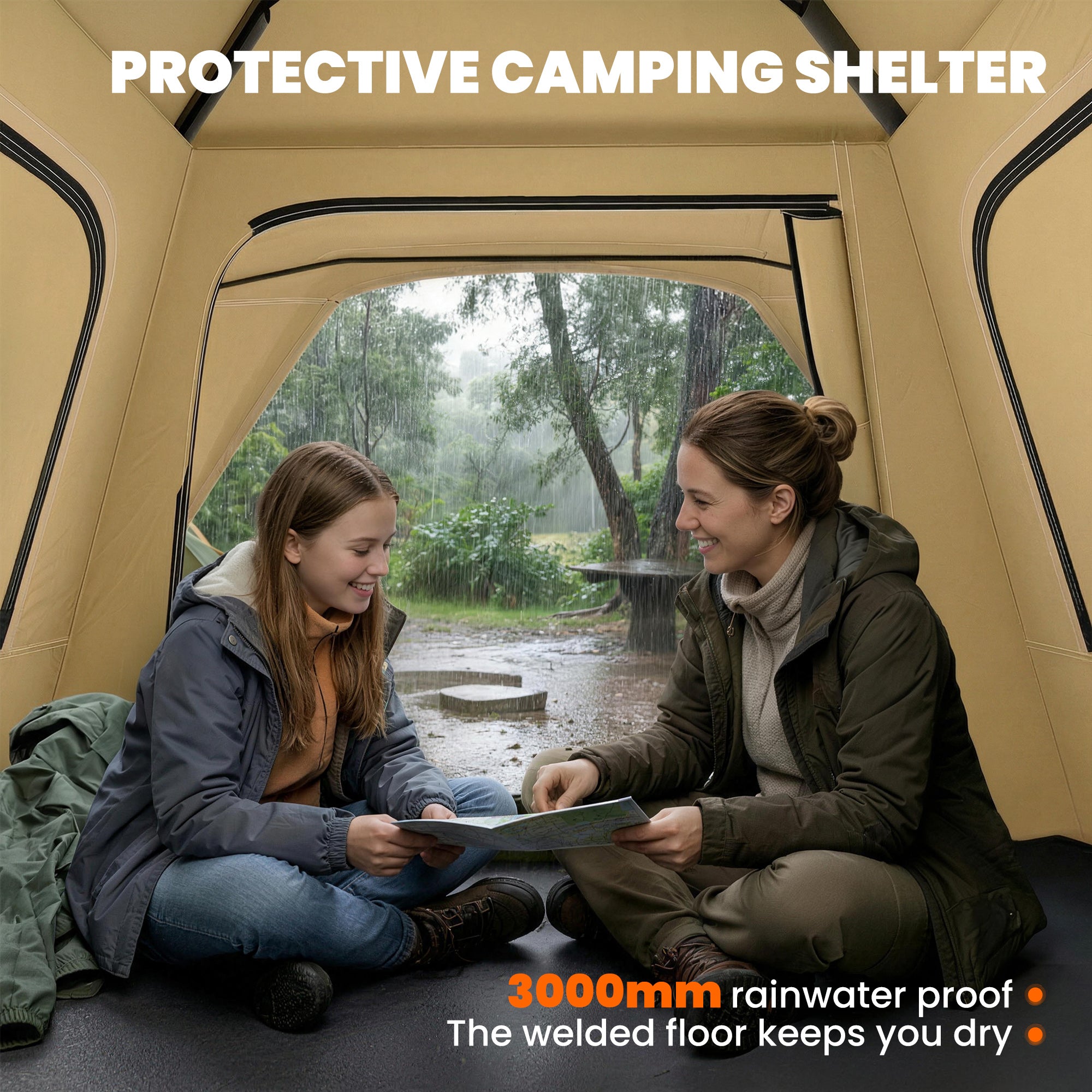 Outsunny Pop Up Tent 3000mm Waterproof Camping Tents with Mesh Windows 3-4 People Khaki