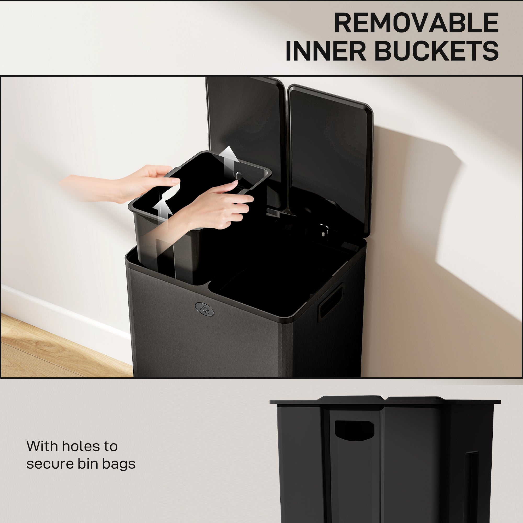 HOMCOM 56L Dual Compartment Stainless Steel Bin, with Deodoriser Holders - Black