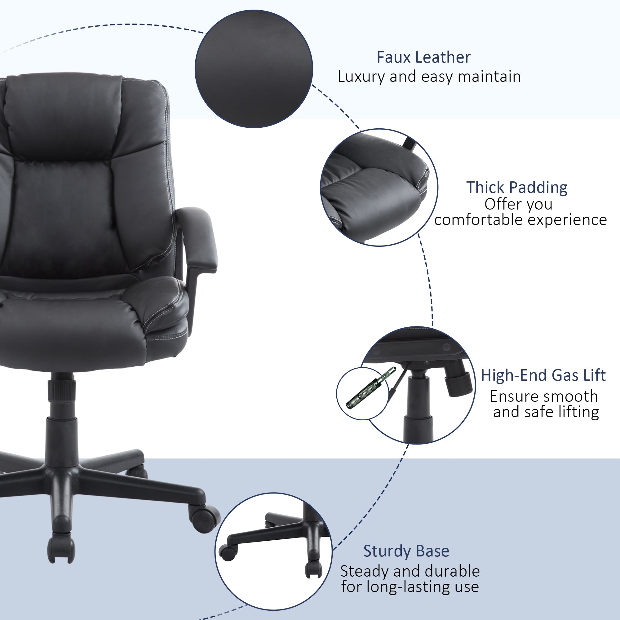 HOMCOM Office Chair, Faux Leather Computer Desk Chair, Mid Back Executive Chair with Adjustable Height and Swivel Rolling Wheels for Home Study, Black