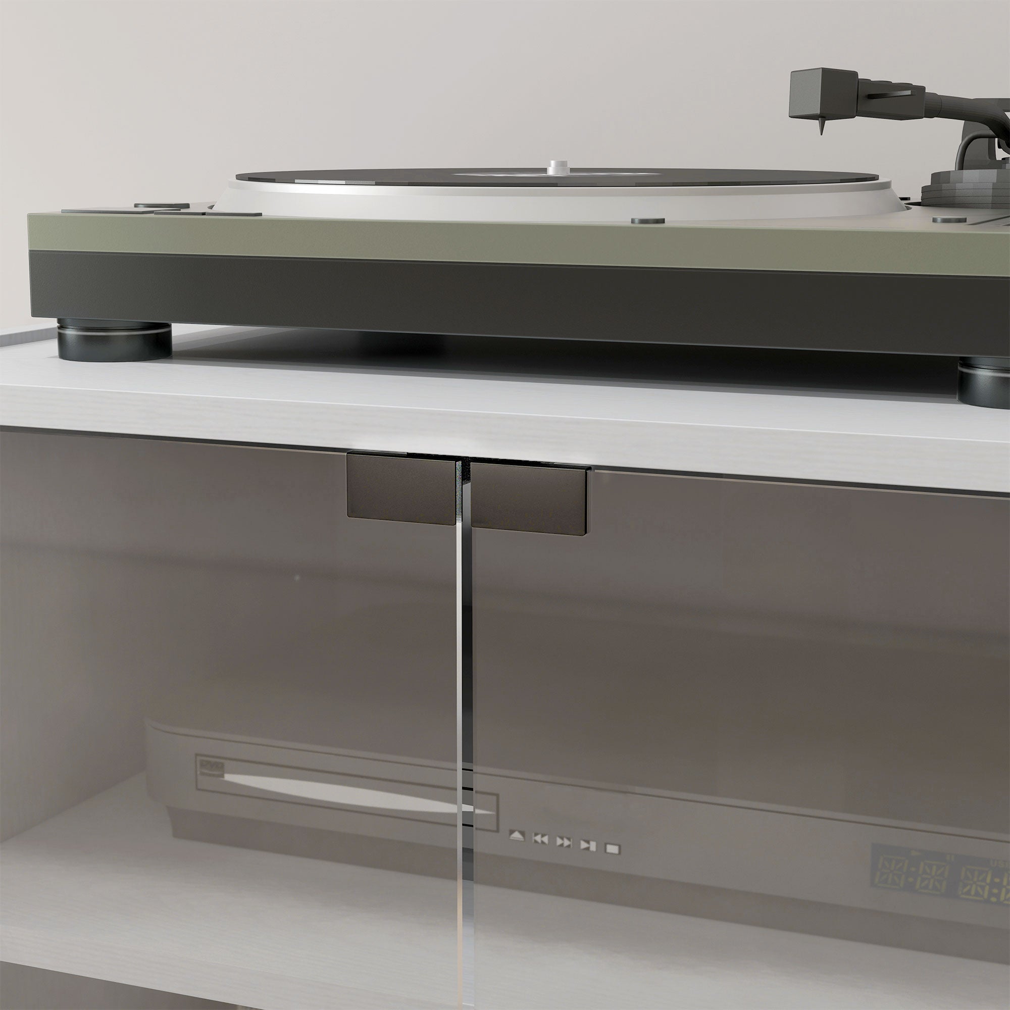 HOMCOM 4-Tier Hi-Fi Stand,  Record Player Stand with Adjustable Shelves and Push-to-Open Glass Doors, White Wood-Effect