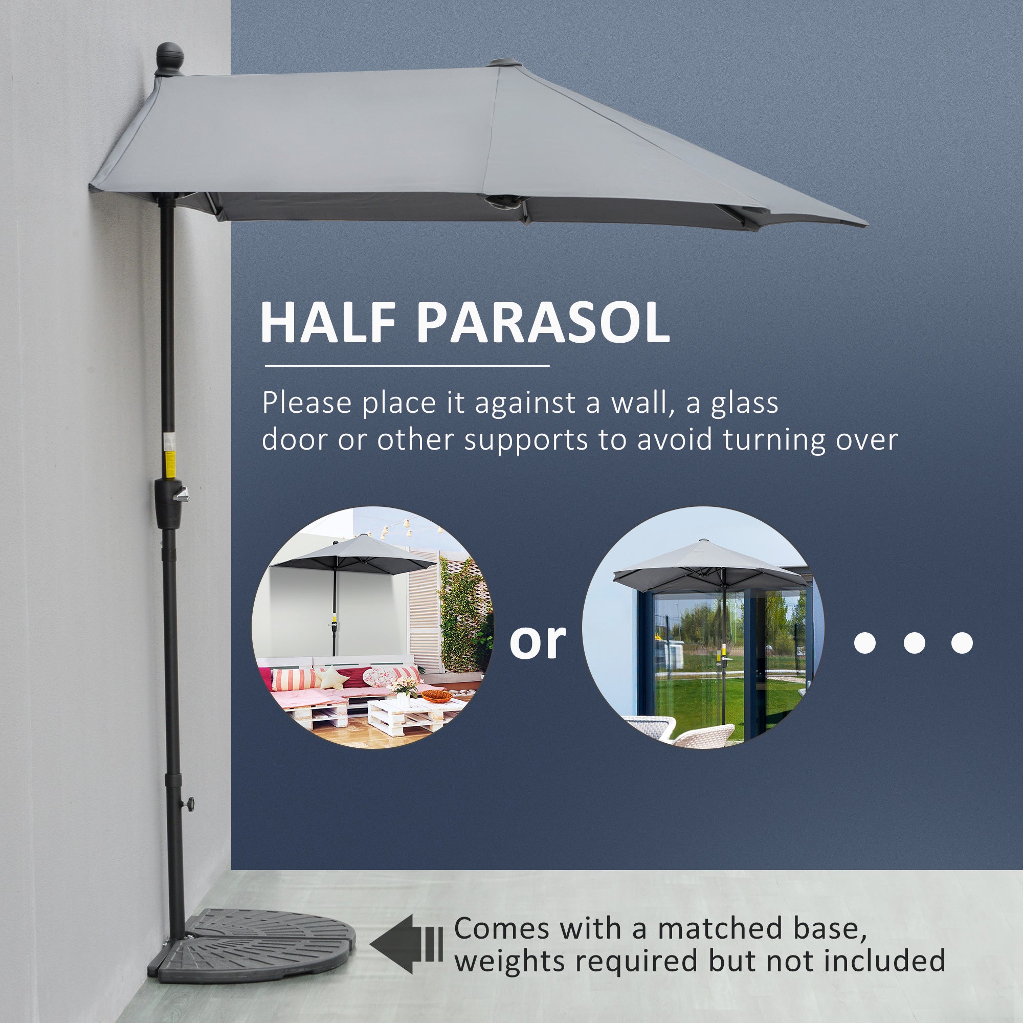 Outsunny 2m Half Parasol Market Umbrella Garden Balcony Parasol with Crank Handle, Base, Double-Sided Canopy, Dark Grey