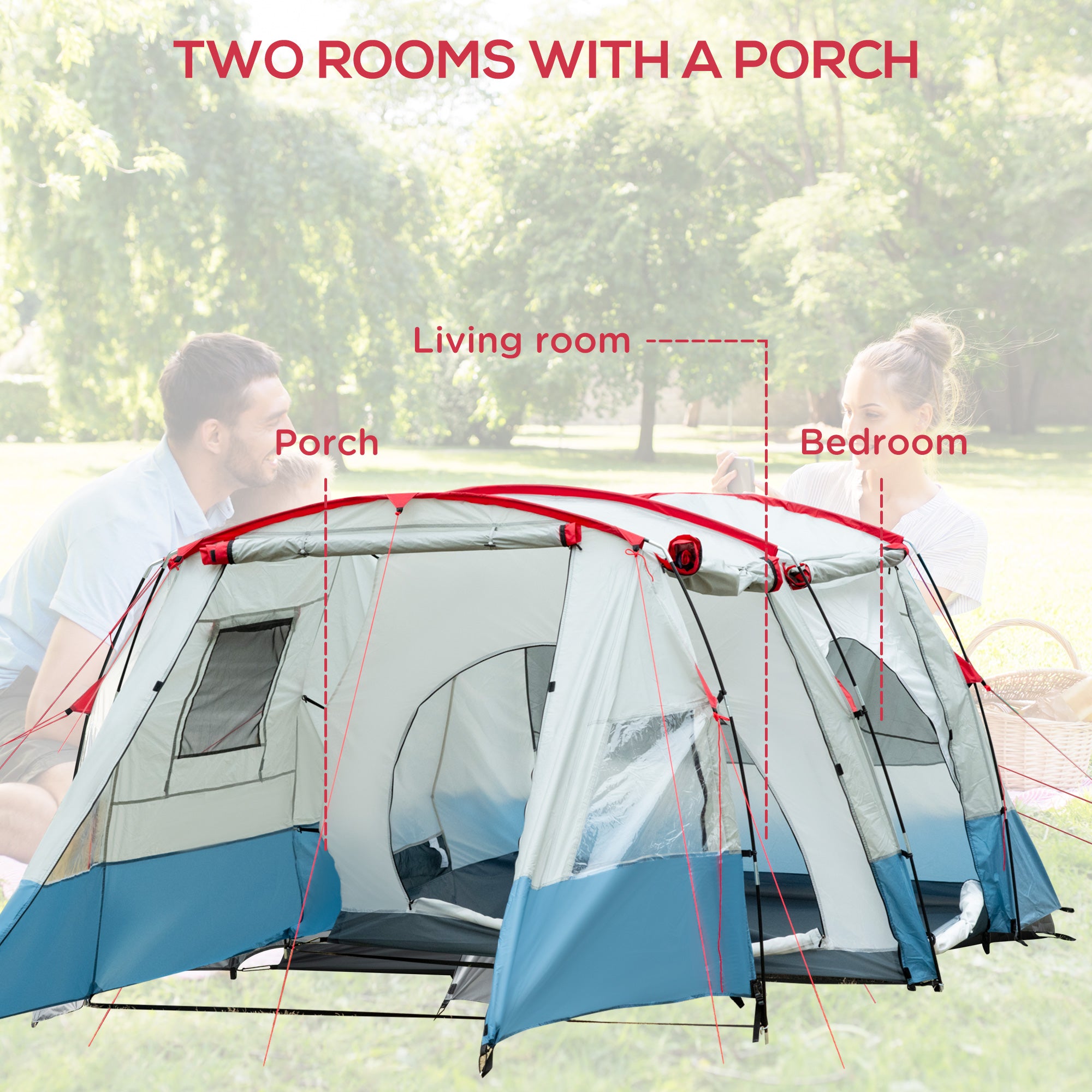 Outsunny 6-8 Person Tunnel Tent, Camping Tent with Bedroom, Living Room, Sewn-in Floor, 3 Doors and Carry Bag, 2000mm Water Column for Fishing, Hiking, Sports, and Traveling, Blue - North Peak Garden Furniture