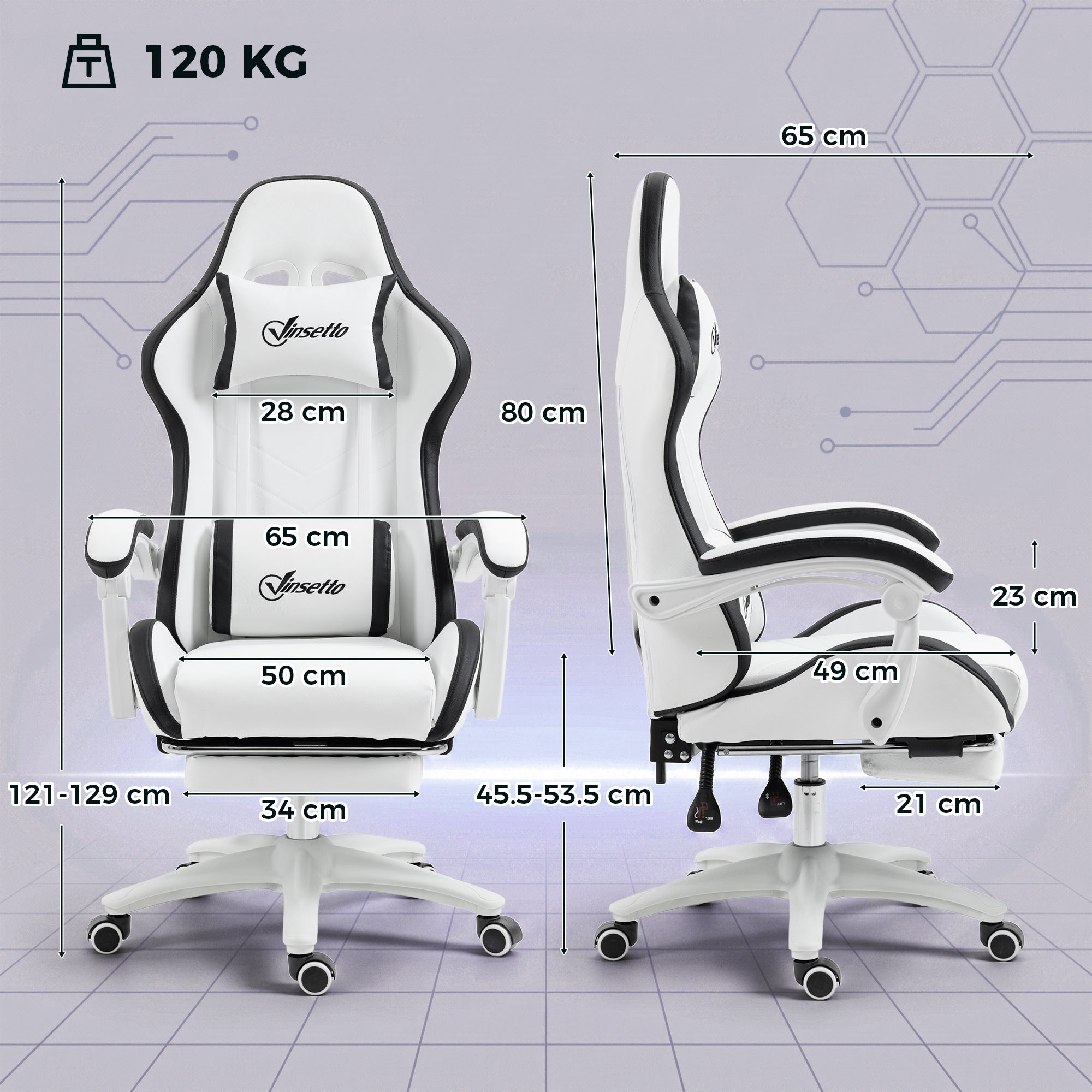 Vinsetto Computer Gaming Chair, PU Leather Desk Chair with Footrest, Swivel Task Chair with 135° Reclining Back and Lumbar Support, PC Chair for Adults, White and Black
