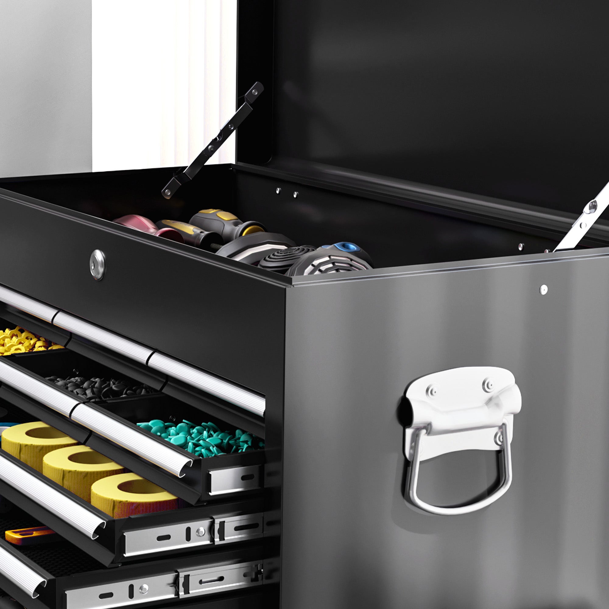 HOMCOM 19 Drawer, Two-Part Tool Storage Chest on Wheels - Black - North Peak Garden Furniture