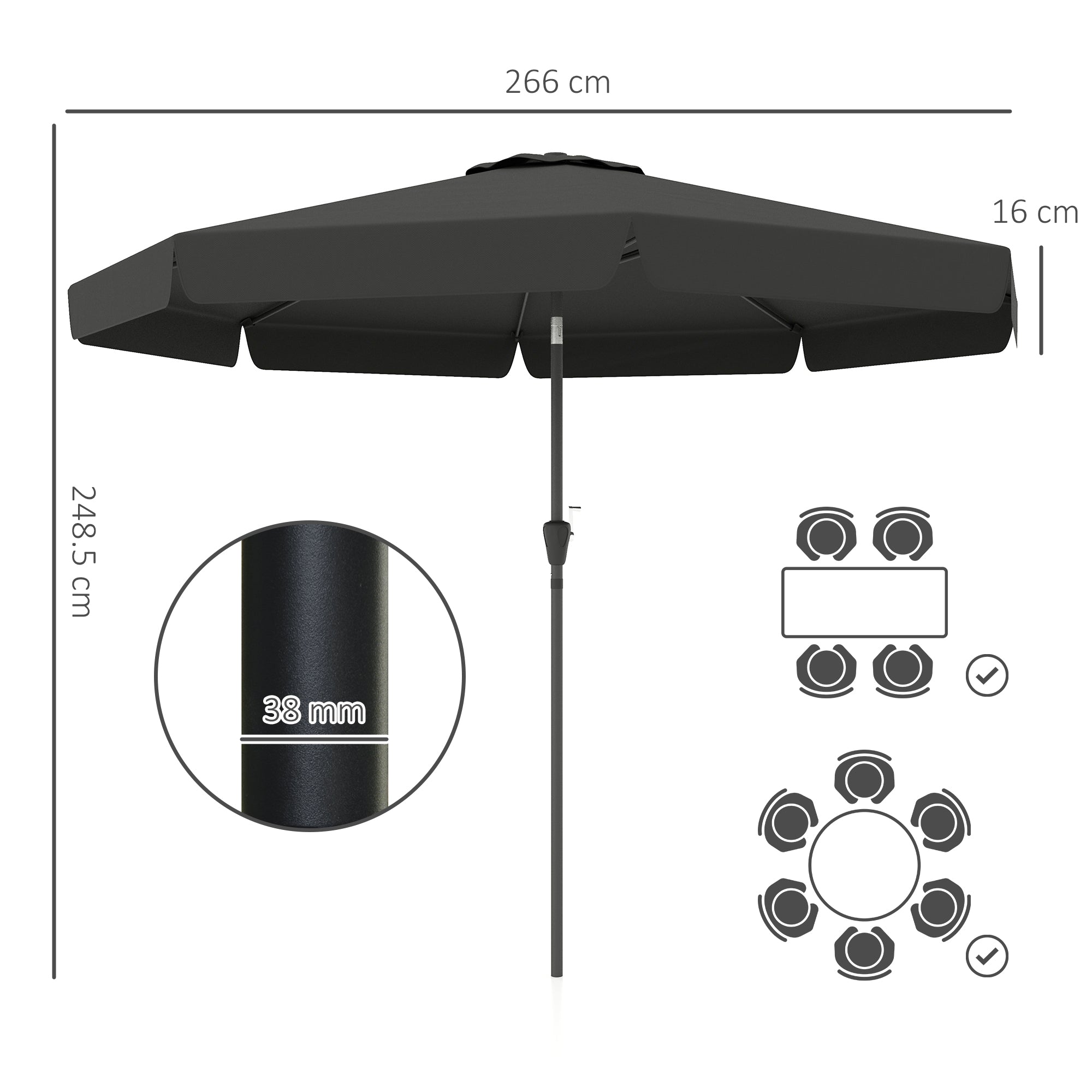 Outsunny 2.7m Patio Parasol Garden Umbrellas Outdoor Sun Shade Table Umbrella with Tilt, Crank, 8 Ribs, Ruffles, Black - North Peak Garden Furniture