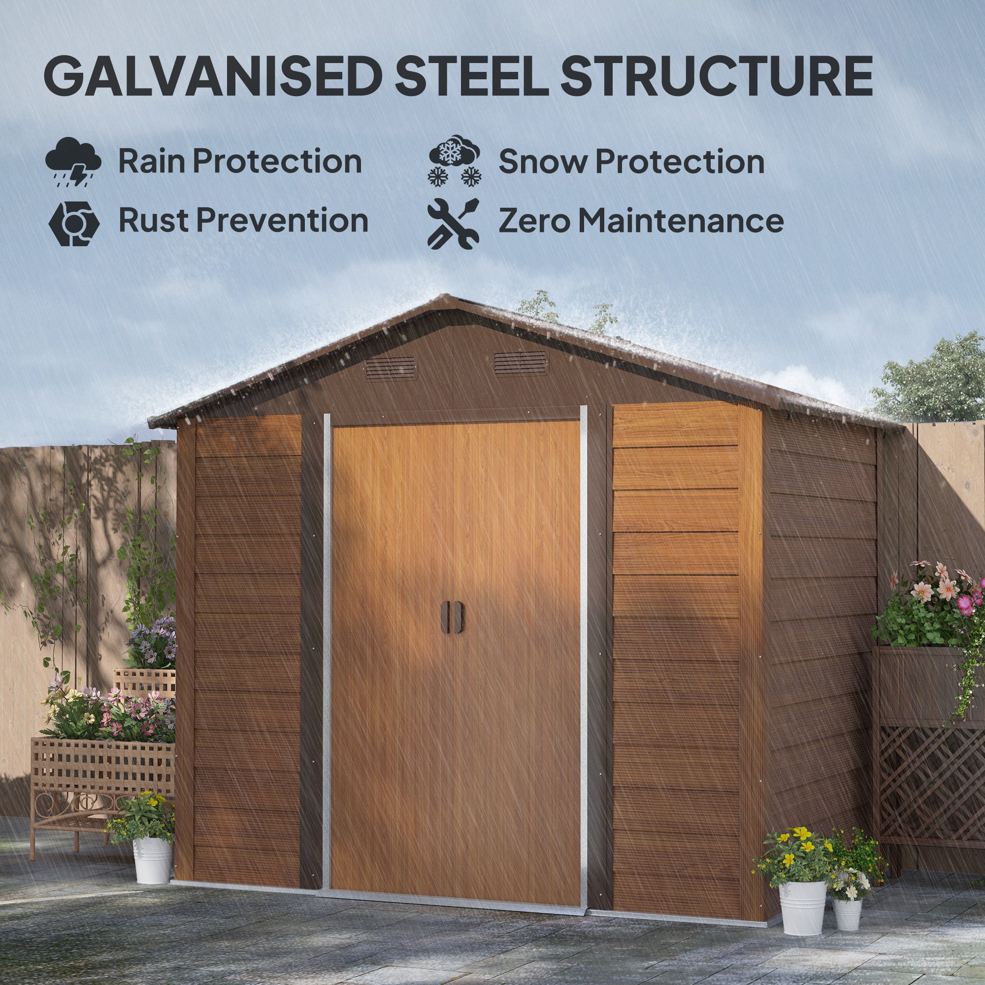 Outsunny 6 x 8ft Galvanised Steel Shed - Brown Wood-Effect - North Peak Garden Furniture