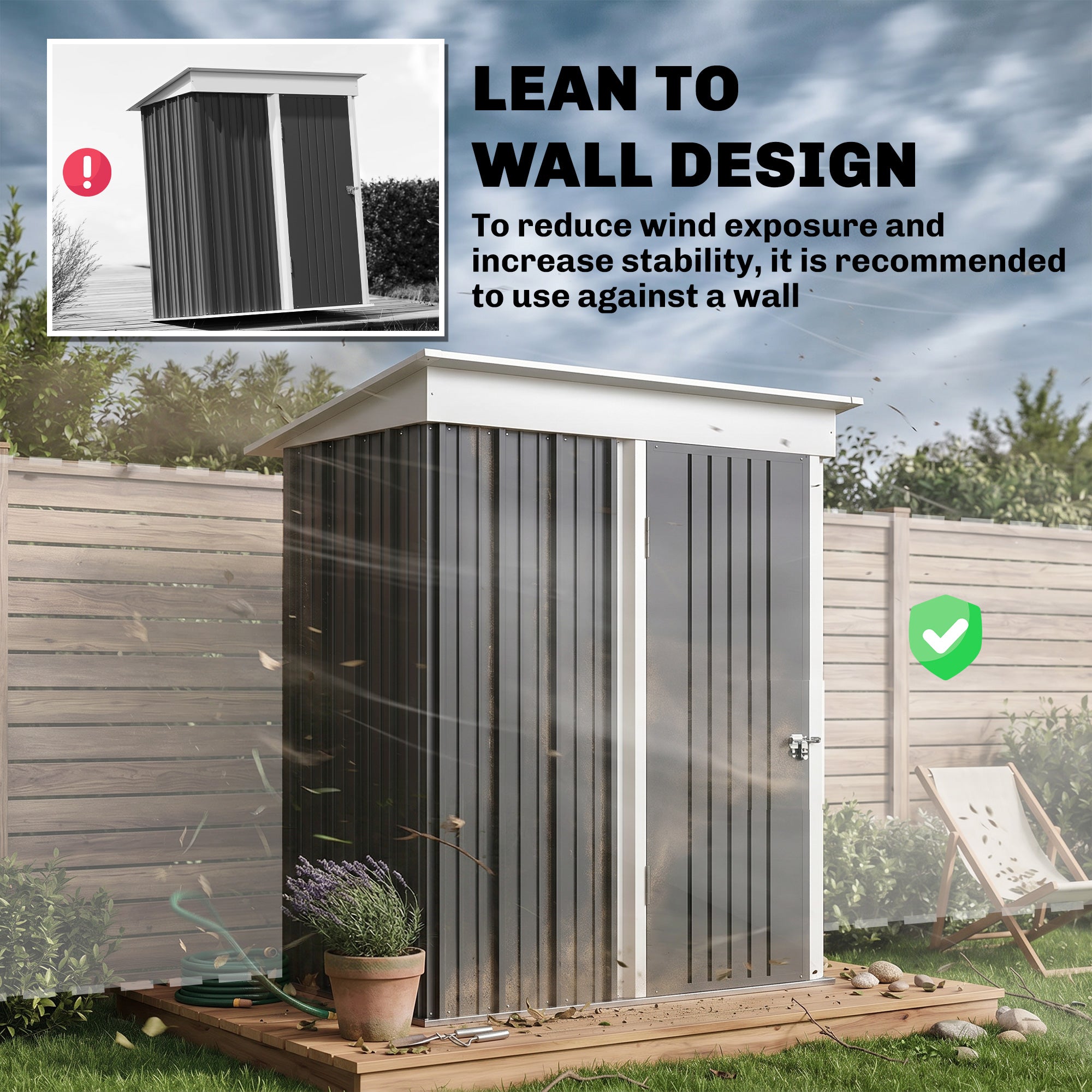 Outsunny Metal Garden Shed, Outdoor Lean-to Shed for Tool Motor Bike, with Adjustable Shelf, Lock, Gloves, 5'x3'x6',  Dark Grey