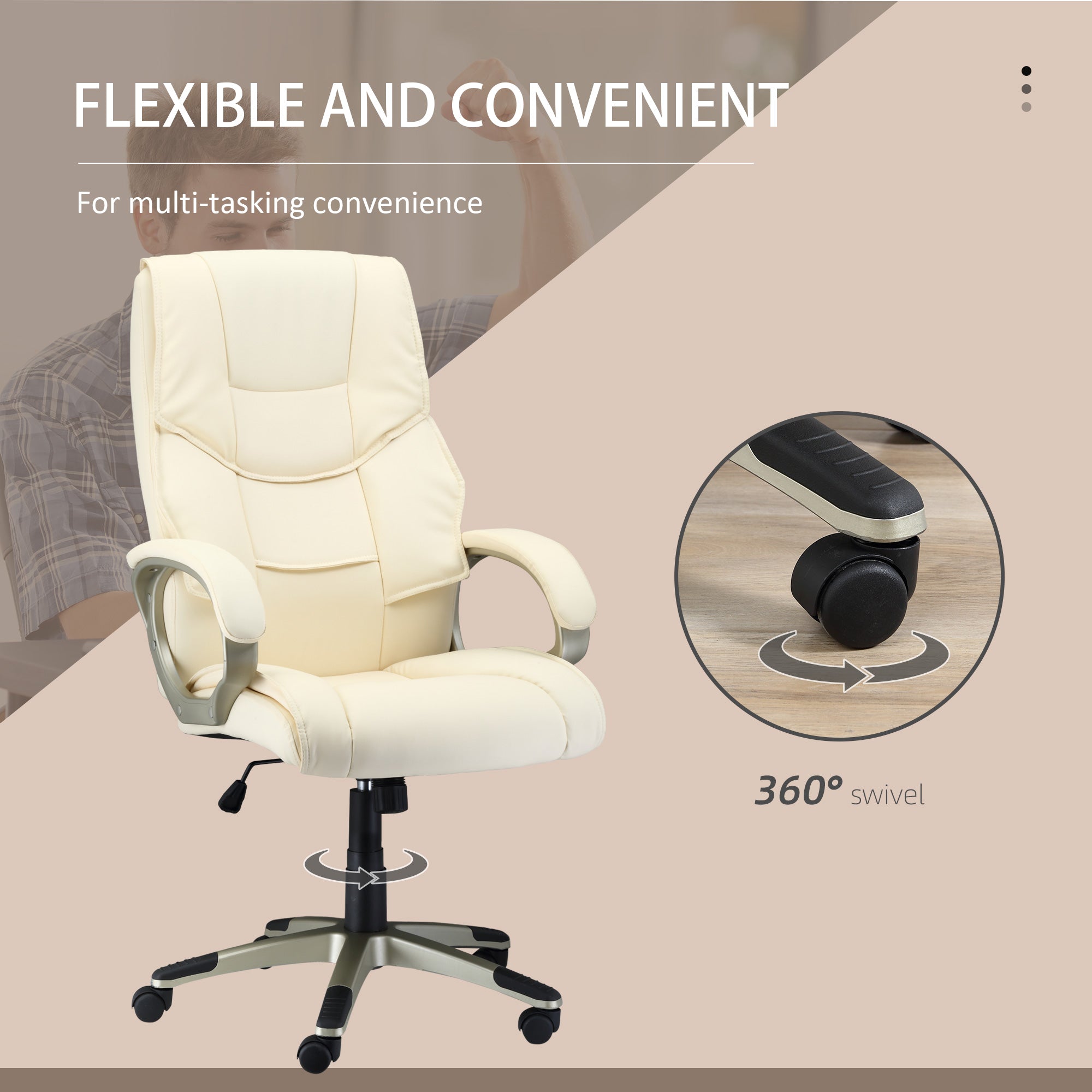 HOMCOM Home Office Chair High Back Computer Desk Chair with Faux Leather Adjustable Height Rocking Function Cream White - North Peak Garden Furniture
