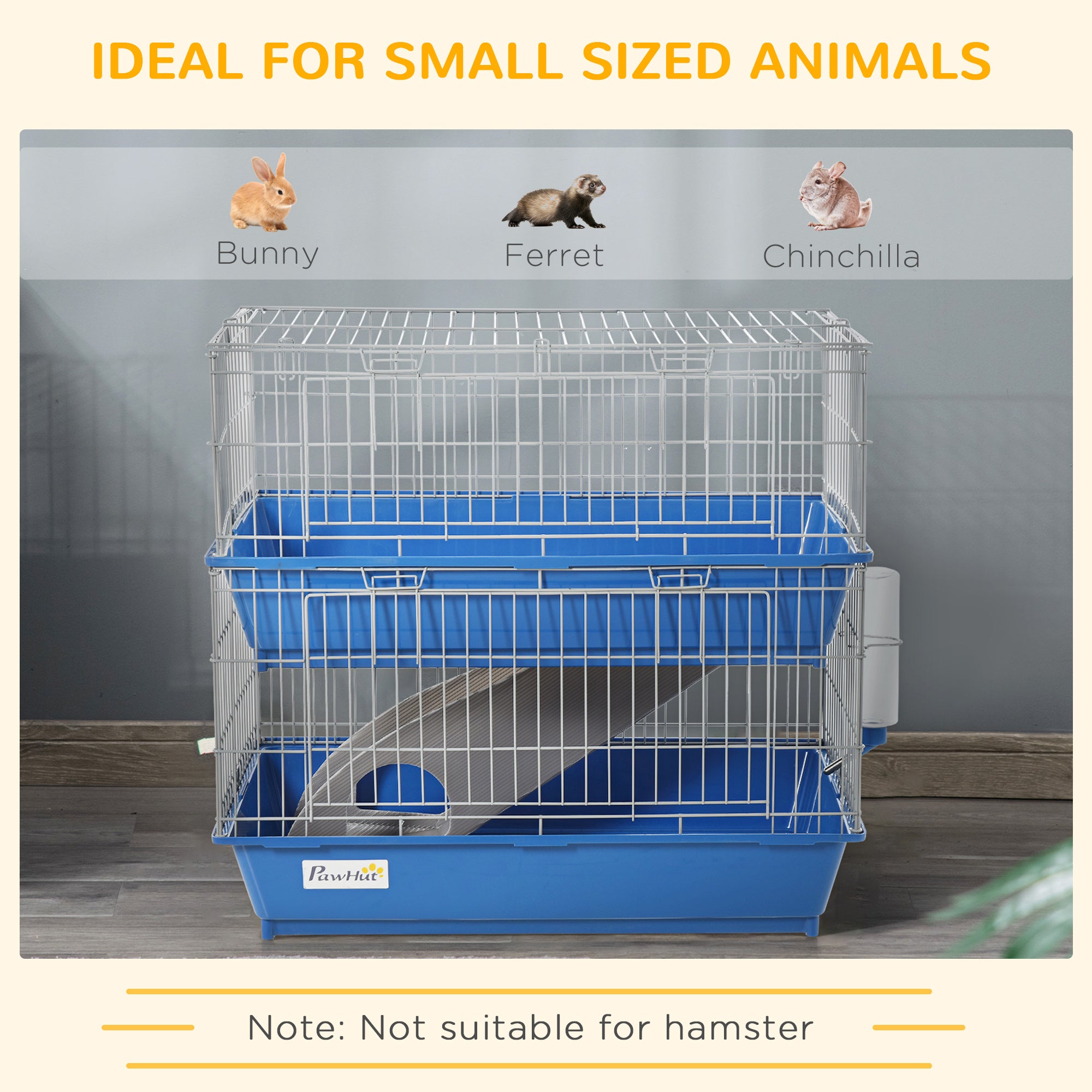 PawHut Double Tier Small Animal Cage Rabbit Chinchillas Cage w/ Ramp Food Dish Water Bottle Deep Trays Pet Home 72 x 44 x 67 cm - North Peak Garden Furniture