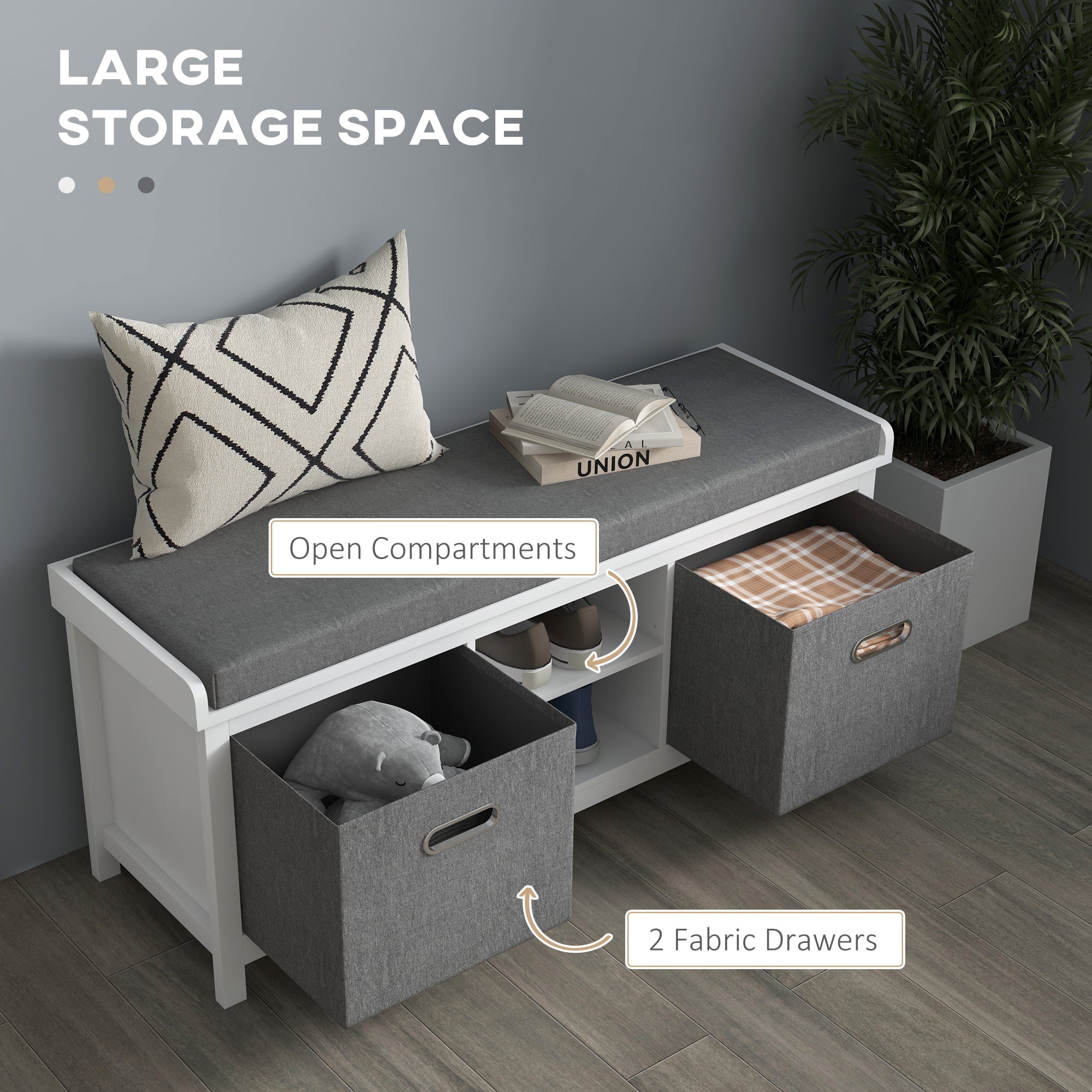 HOMCOM Shoe Storage Bench, with Cushion Seat - White/Grey - North Peak Garden Furniture