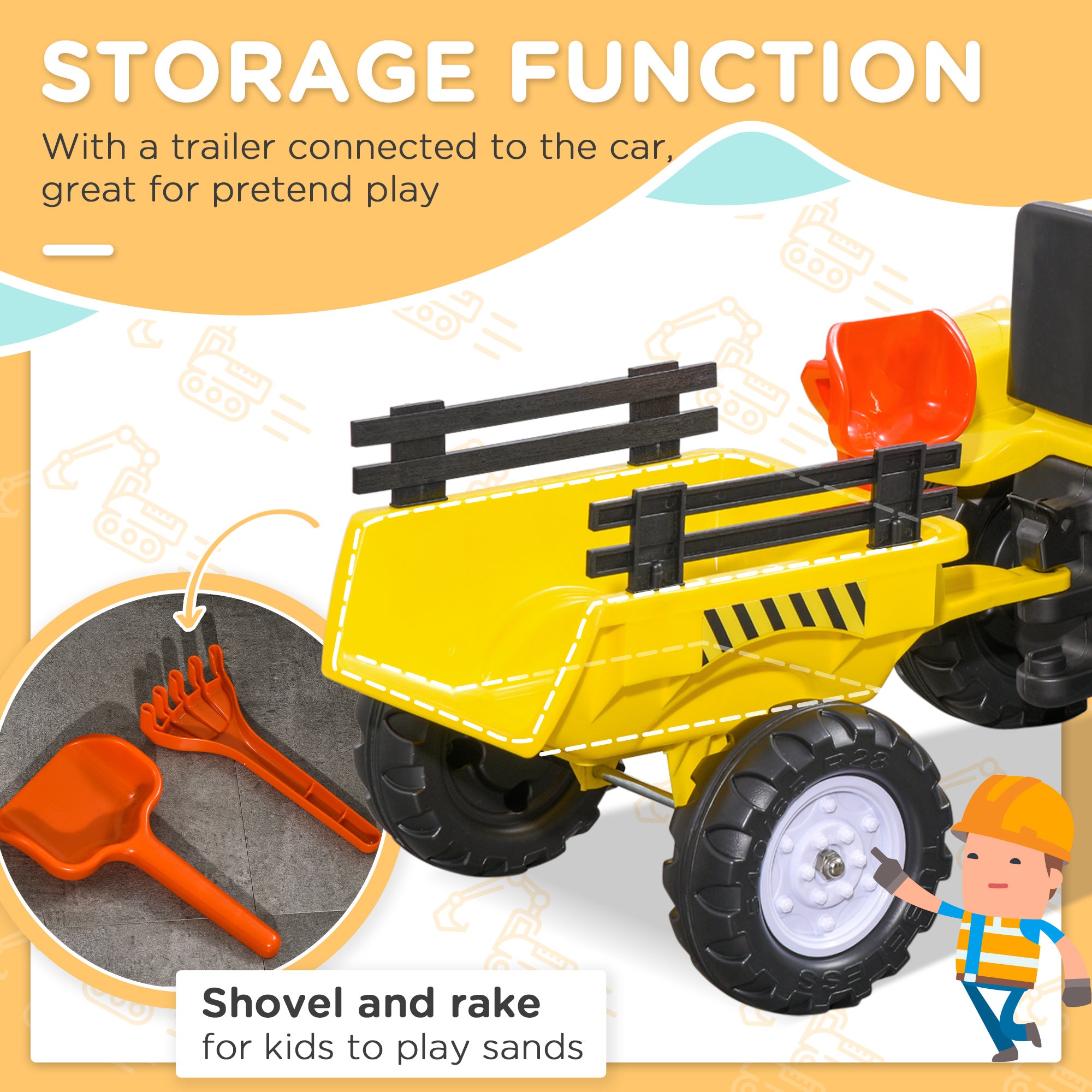 HOMCOM Pedal Go Kart, Kids Ride on Tractor with Back Trailer, Shovel & Rake, Horn, Four Wheels Tractor Toy for Child Toddler