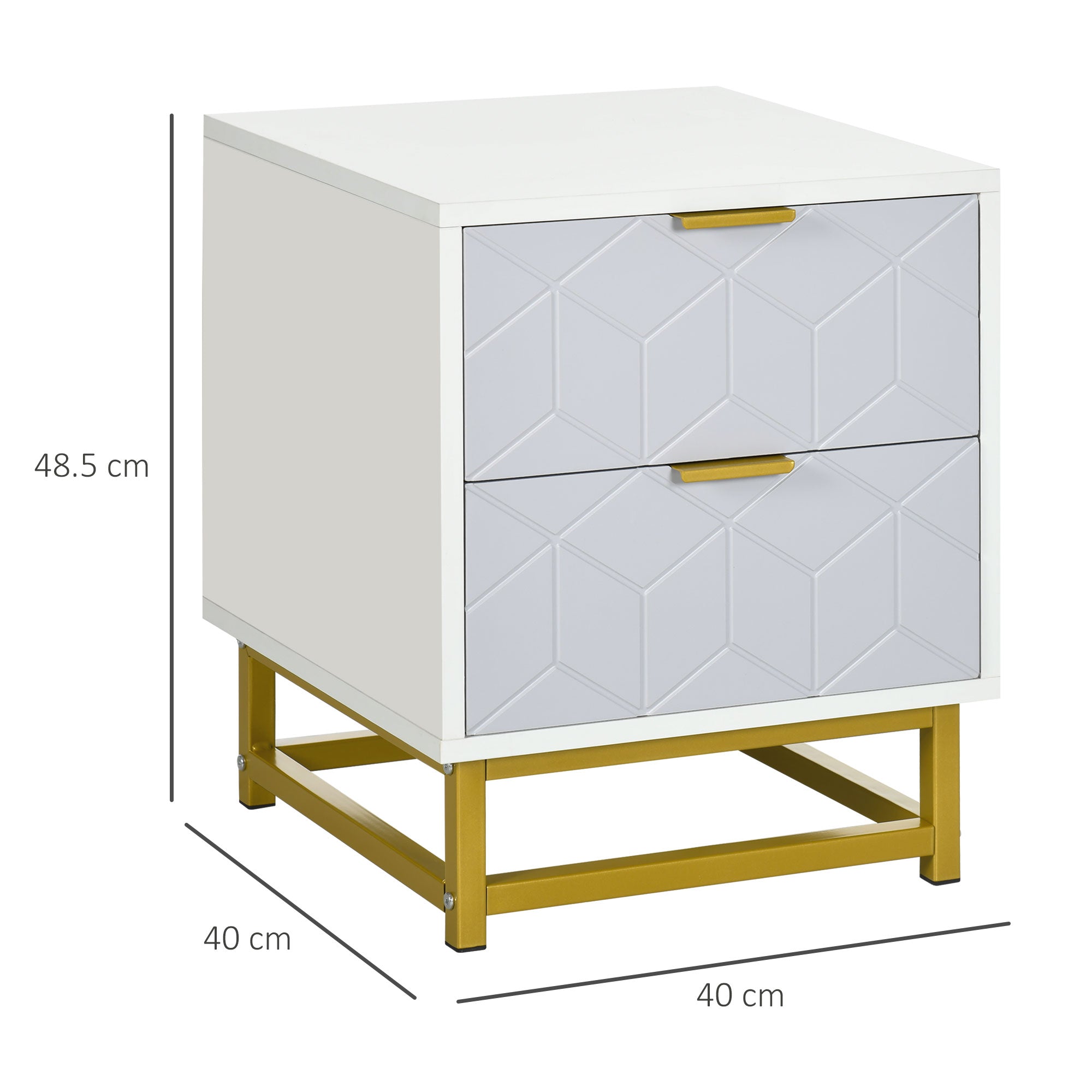 HOMCOM Bedside Table with 2 Drawers, Side Table, Bedside Cabinet with Steel Frame for Living Room, Bedroom, Grey and White - North Peak Garden Furniture