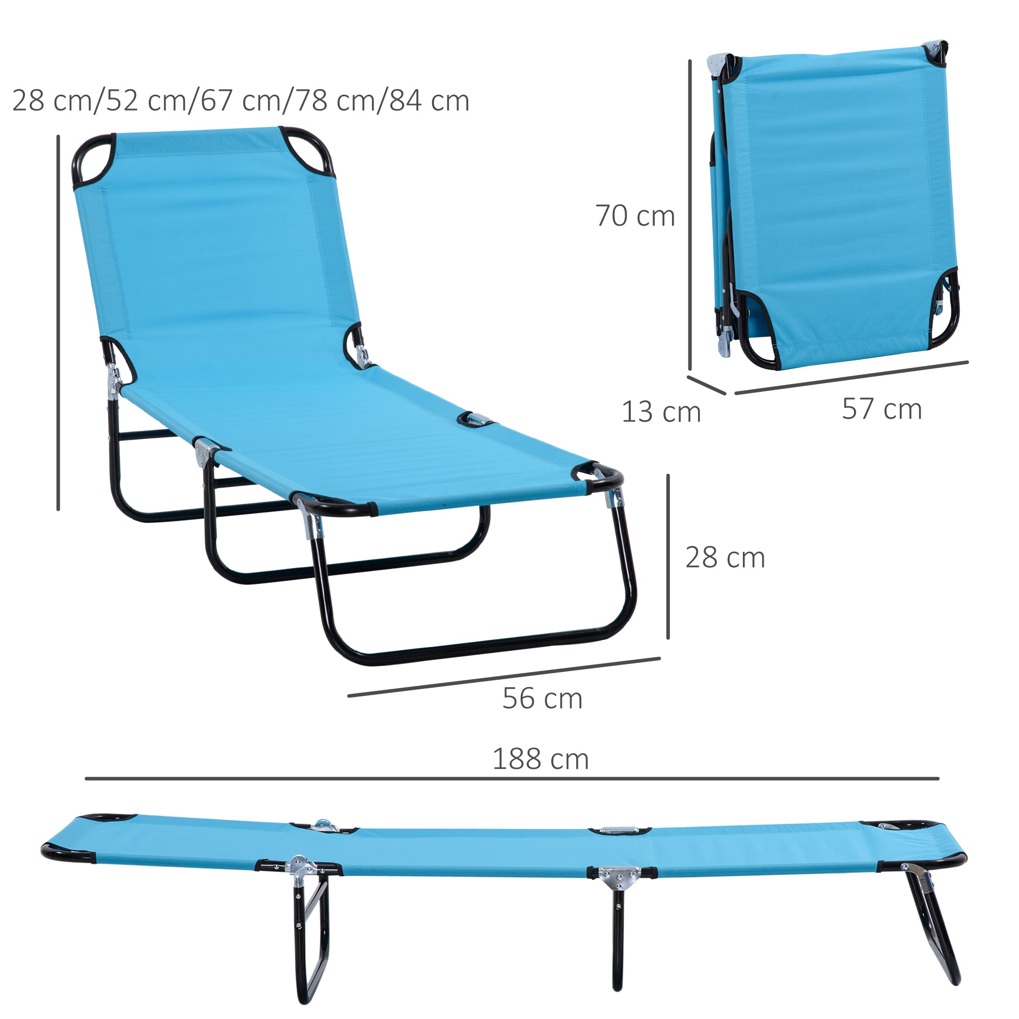 Outsunny Foldable Sun Lounger Set of 2 with 5-Position Adjustable Backrest, Outdoor Portable Recliner Chaise Lounge Chair with Breathable Mesh Fabric, Sky Blue - North Peak Garden Furniture