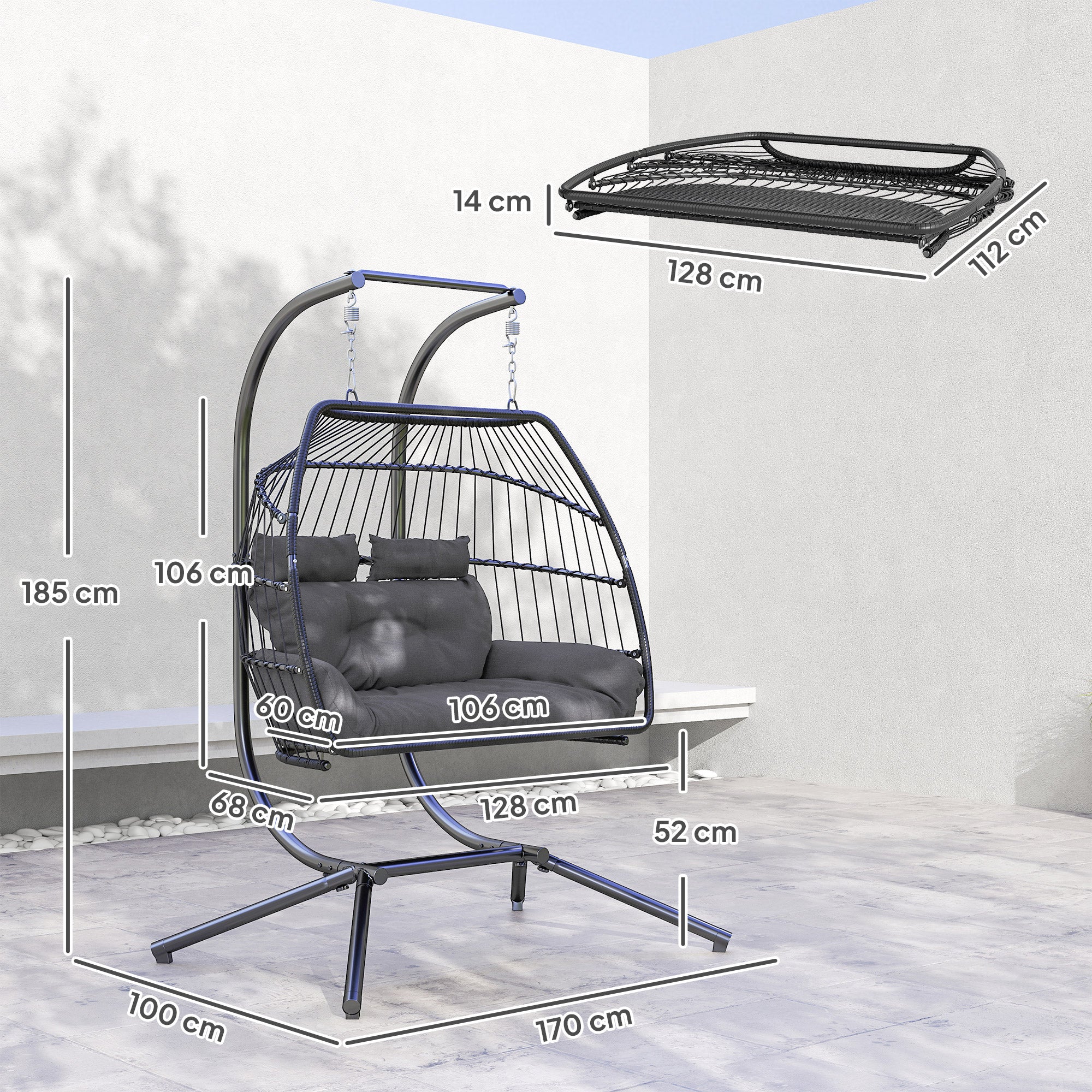 Outsunny Rattan Double Hanging Egg Chair with Stand, Foldable Wicker Swing Egg Chair with Cushion, Head Pillows, Steel Frame, Hammock Chair for Indoor Outdoor, Capacity 260 kg, Dark Grey - North Peak Garden Furniture