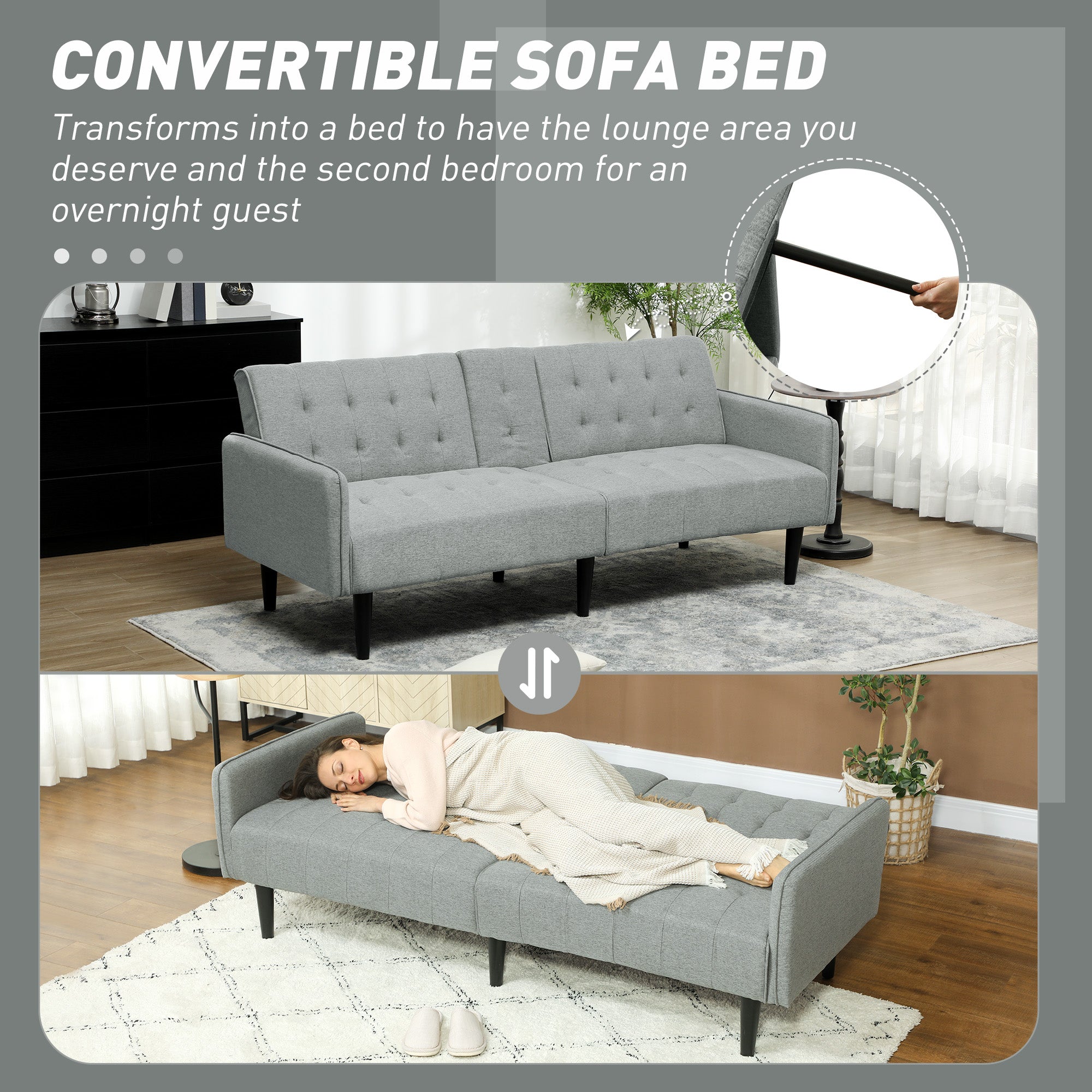 HOMCOM Upholstered Click Clack Sofa Bed, Linen-Feel 3 Seater Sofa Bed with Storage and Cupholders, Light Grey - North Peak Garden Furniture