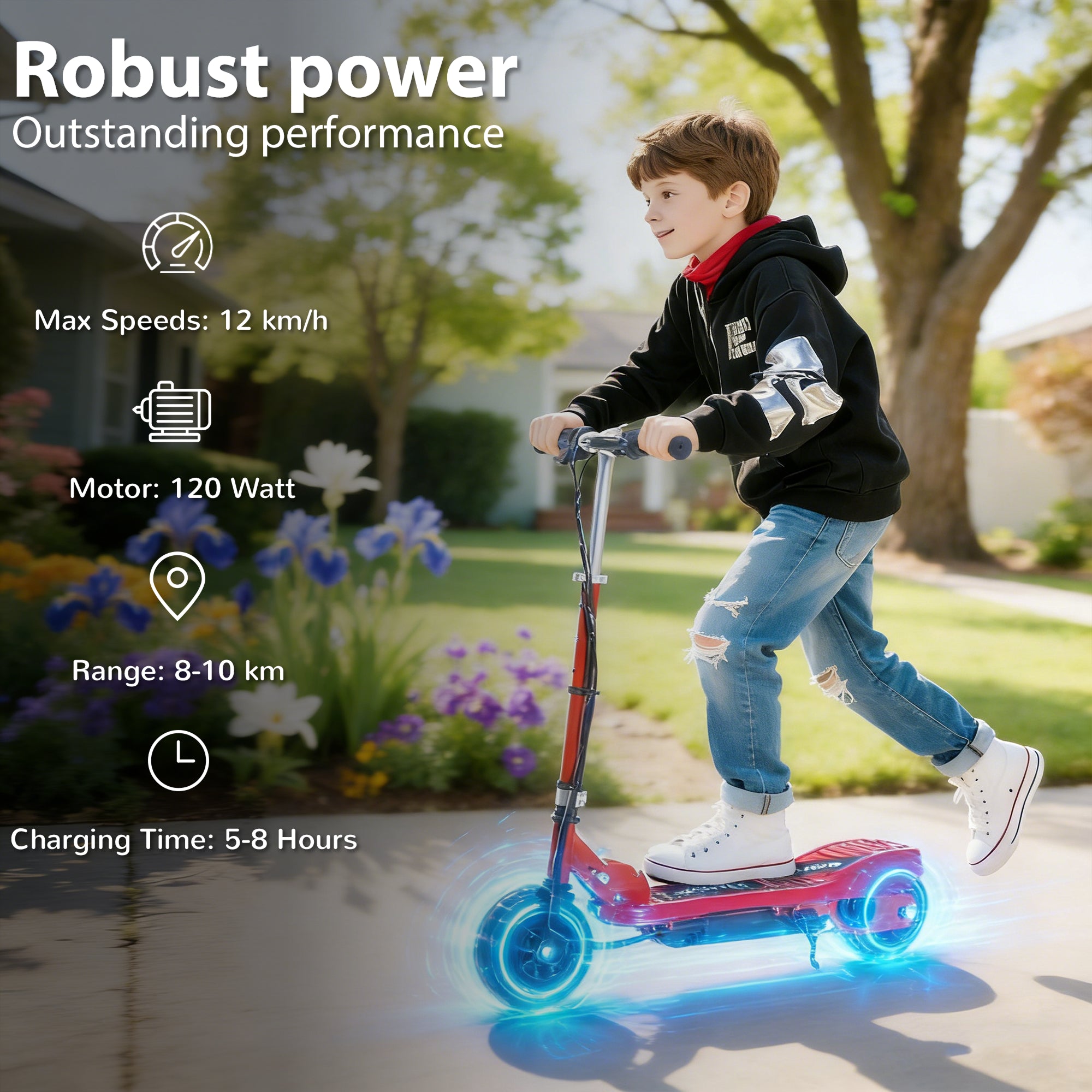 HOMCOM Folding Electric Kids Scooter Ride on Age 7-14, Red/Black