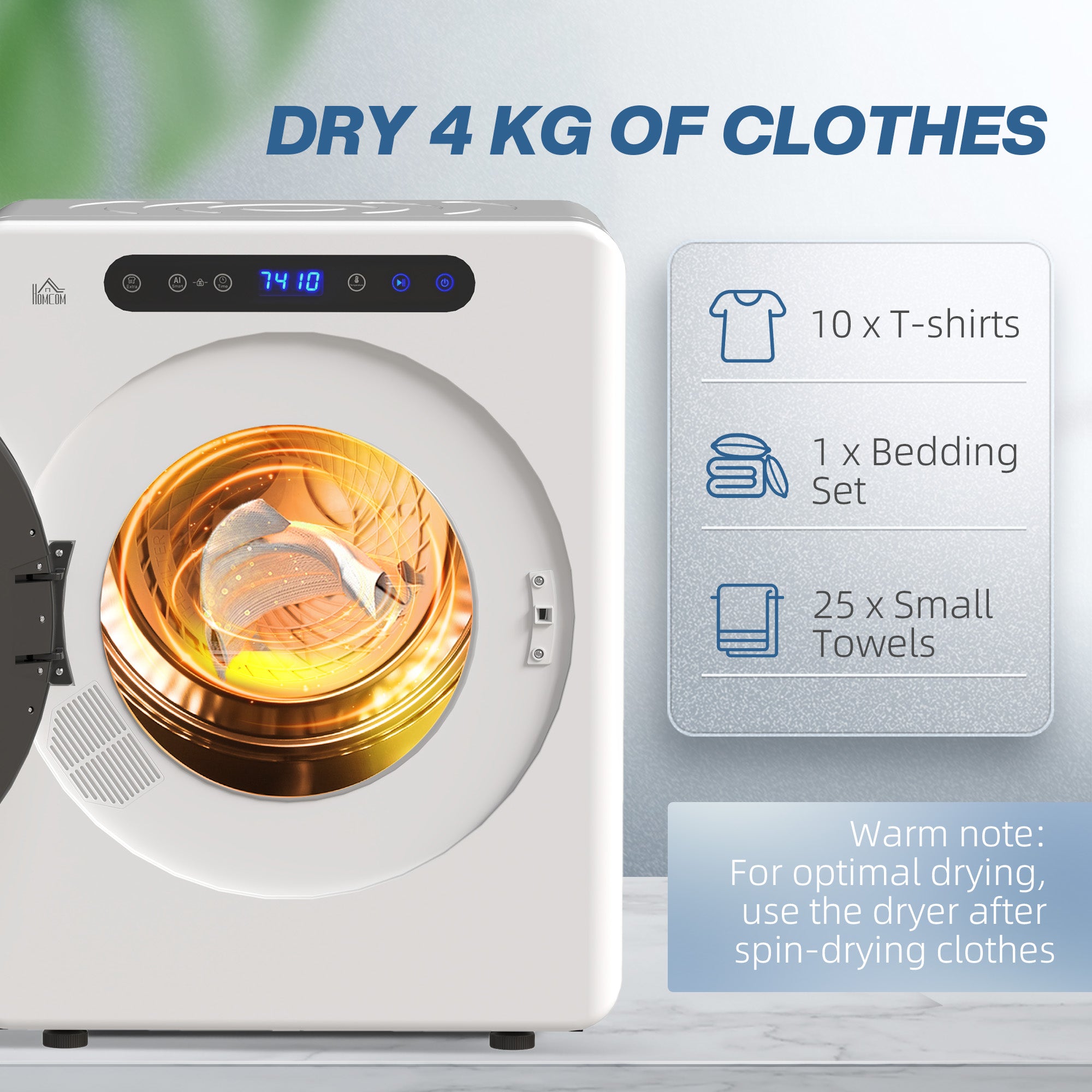 HOMCOM 8kg Vented Tumble Dryer, 1000W Compact Freestanding Front Tumble Dryer with Stainless Steel Tub, Timer, 6 Heat Settings, Small Portable Clothes Dryer, White - North Peak Garden Furniture